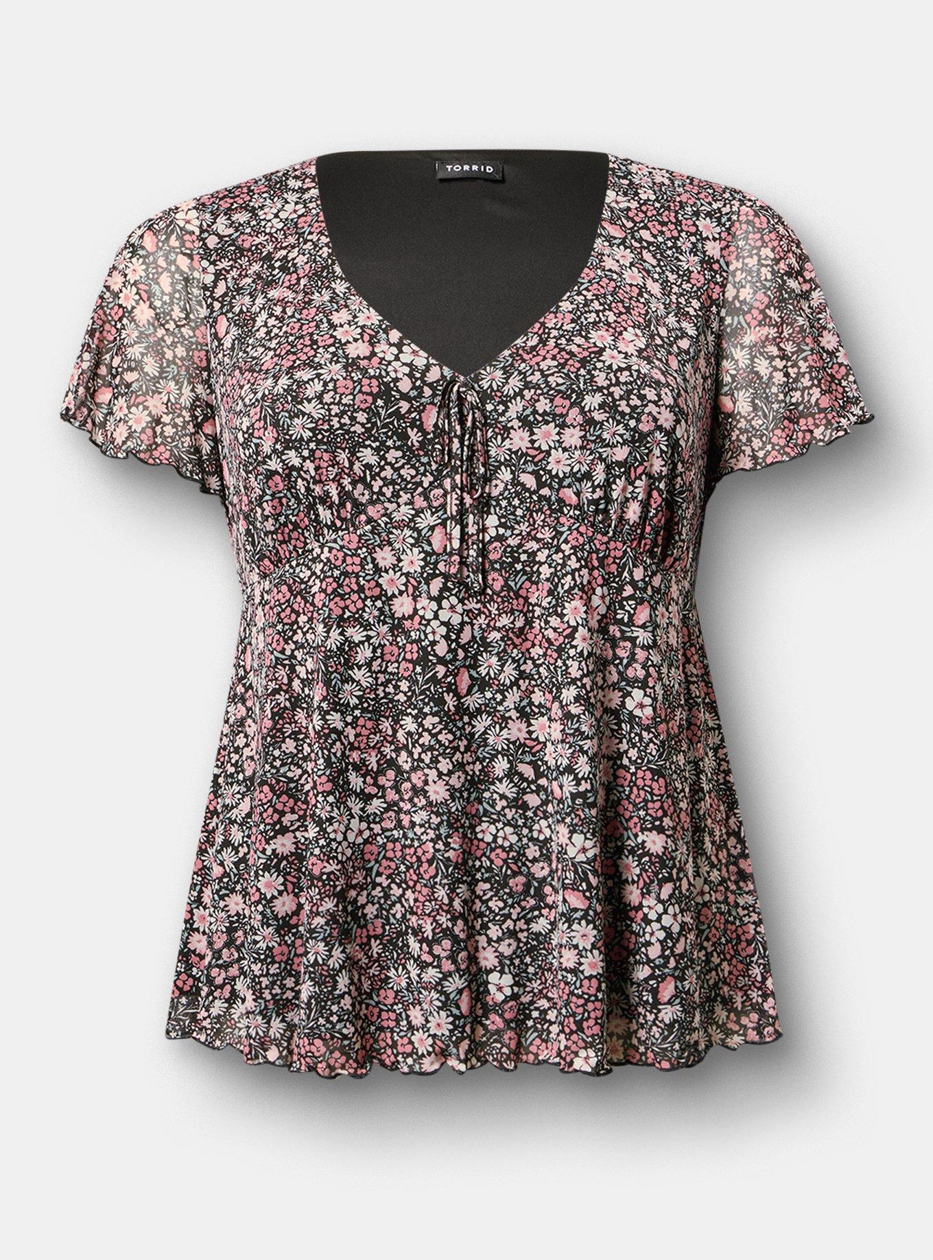 Soft Mesh V-Neck Top, HARVEST DITSY FLORAL BLACK, flat