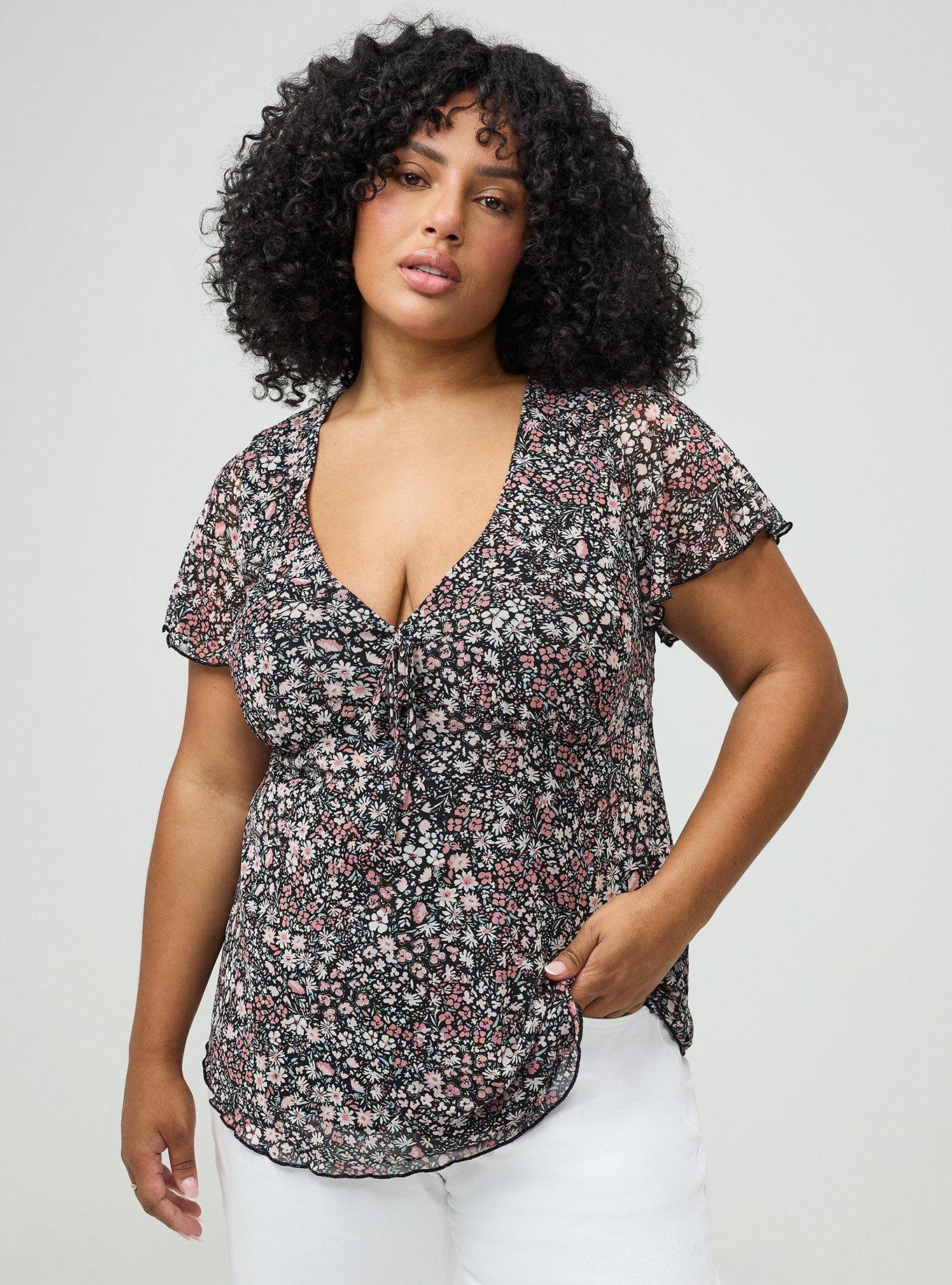 Soft Mesh V-Neck Top, HARVEST DITSY FLORAL BLACK, hi-res