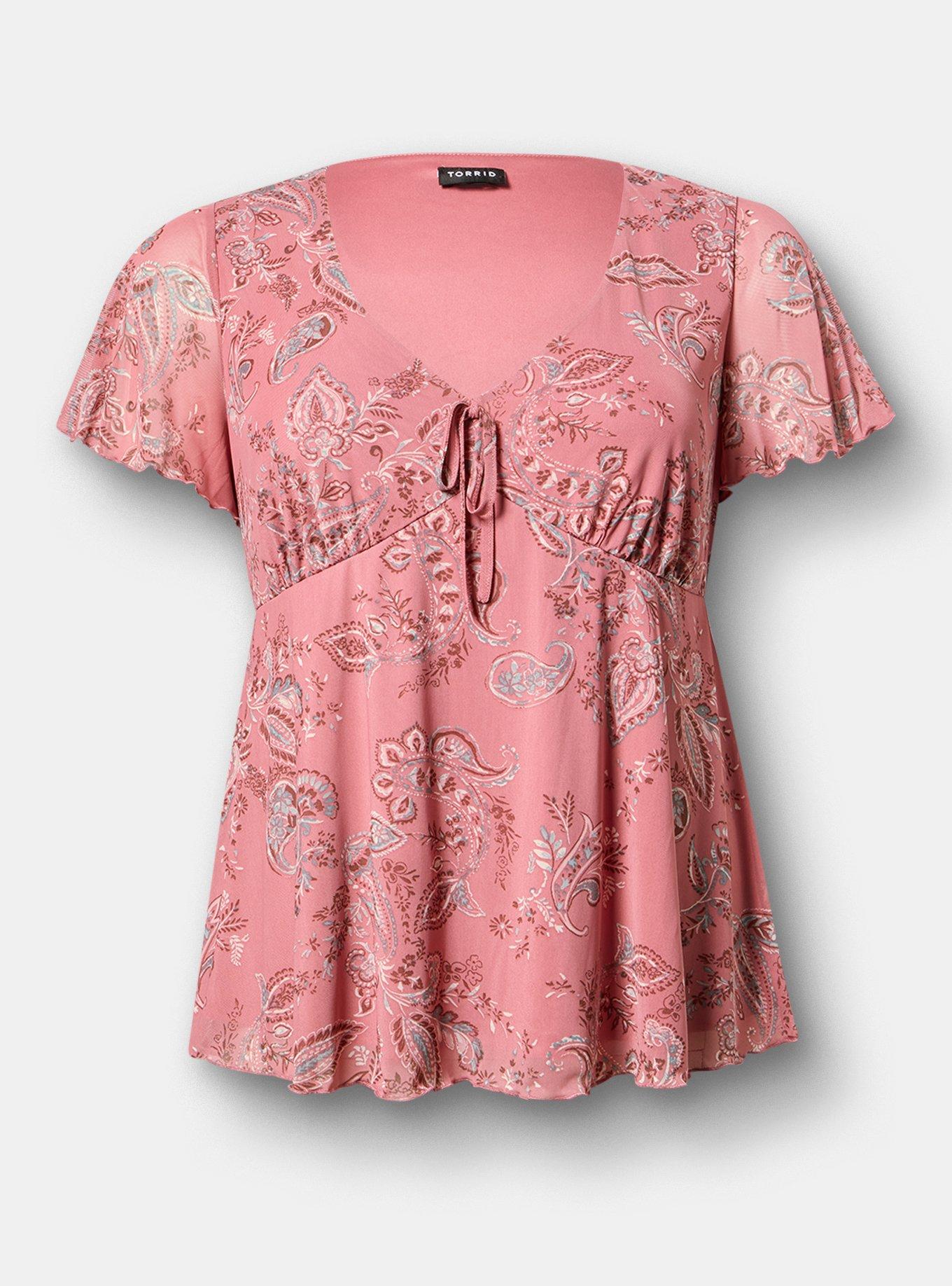 Soft Mesh V-Neck Top, SWEETHEART PAISLEY CORAL, flat