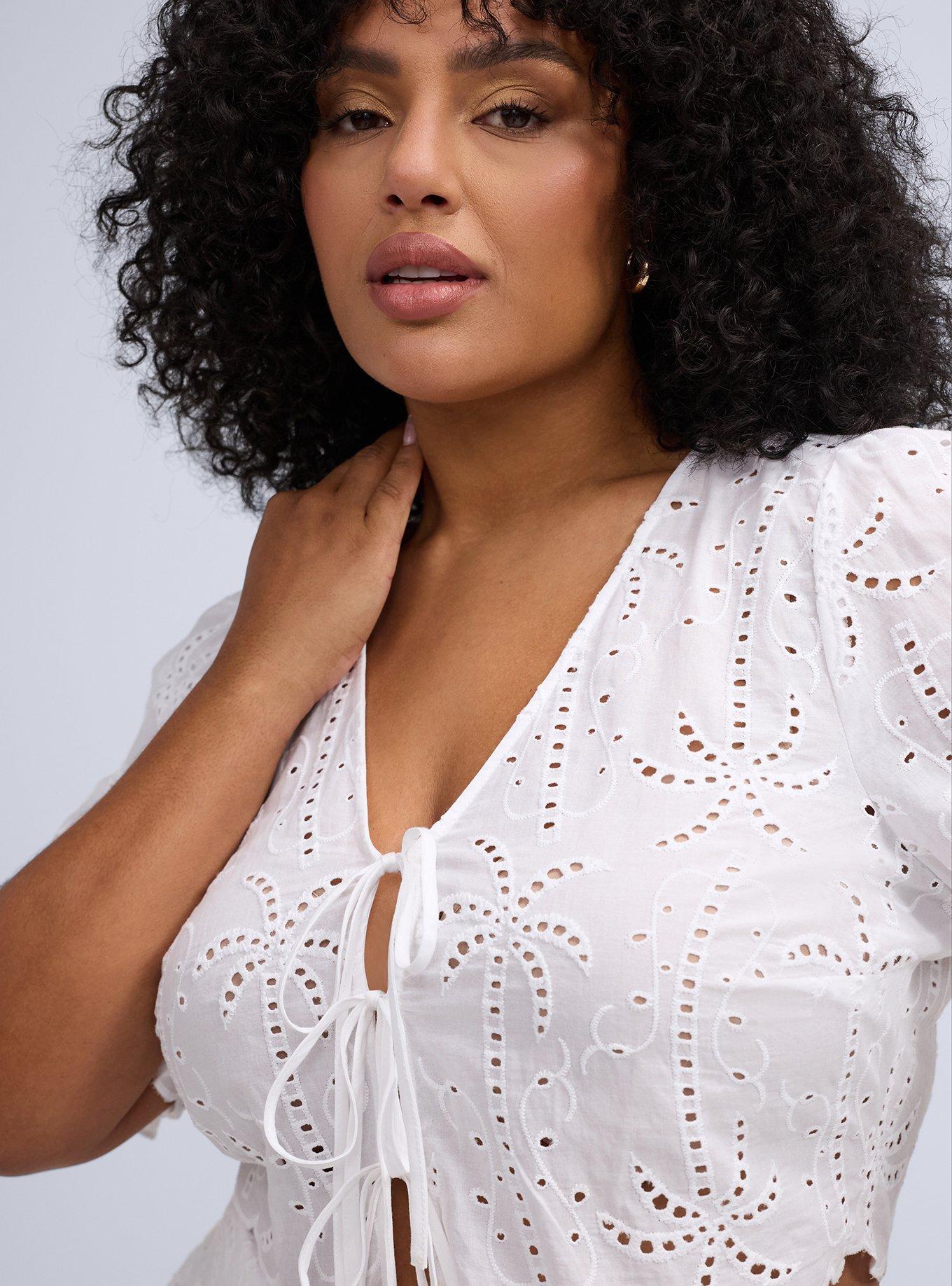 Plus Size Belle Isle Embroidered Tie-Front Crop Top, BRIGHT WHITE, alternate
