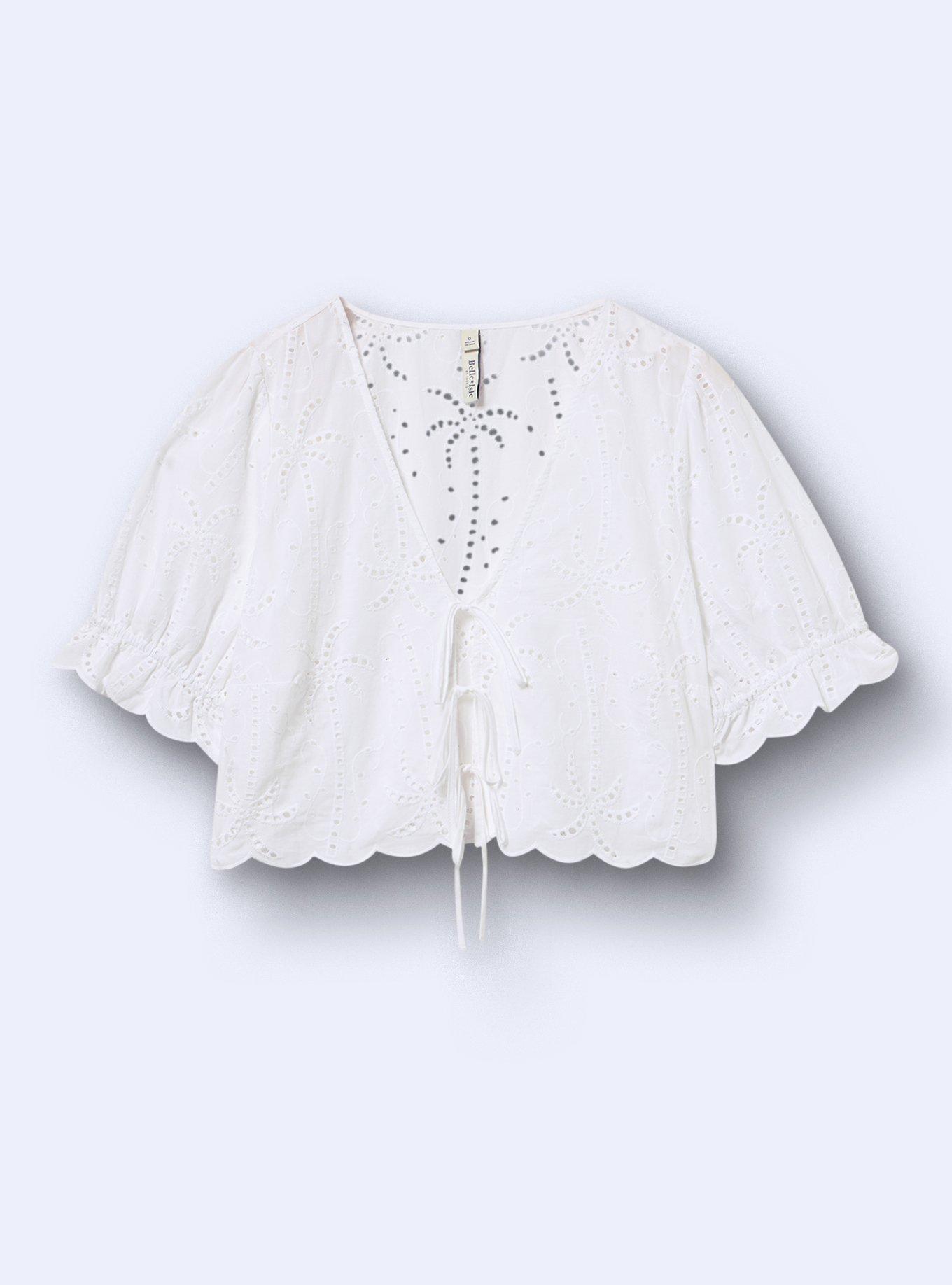 Belle Isle Embroidered Tie-Front Crop Top, BRIGHT WHITE, flat