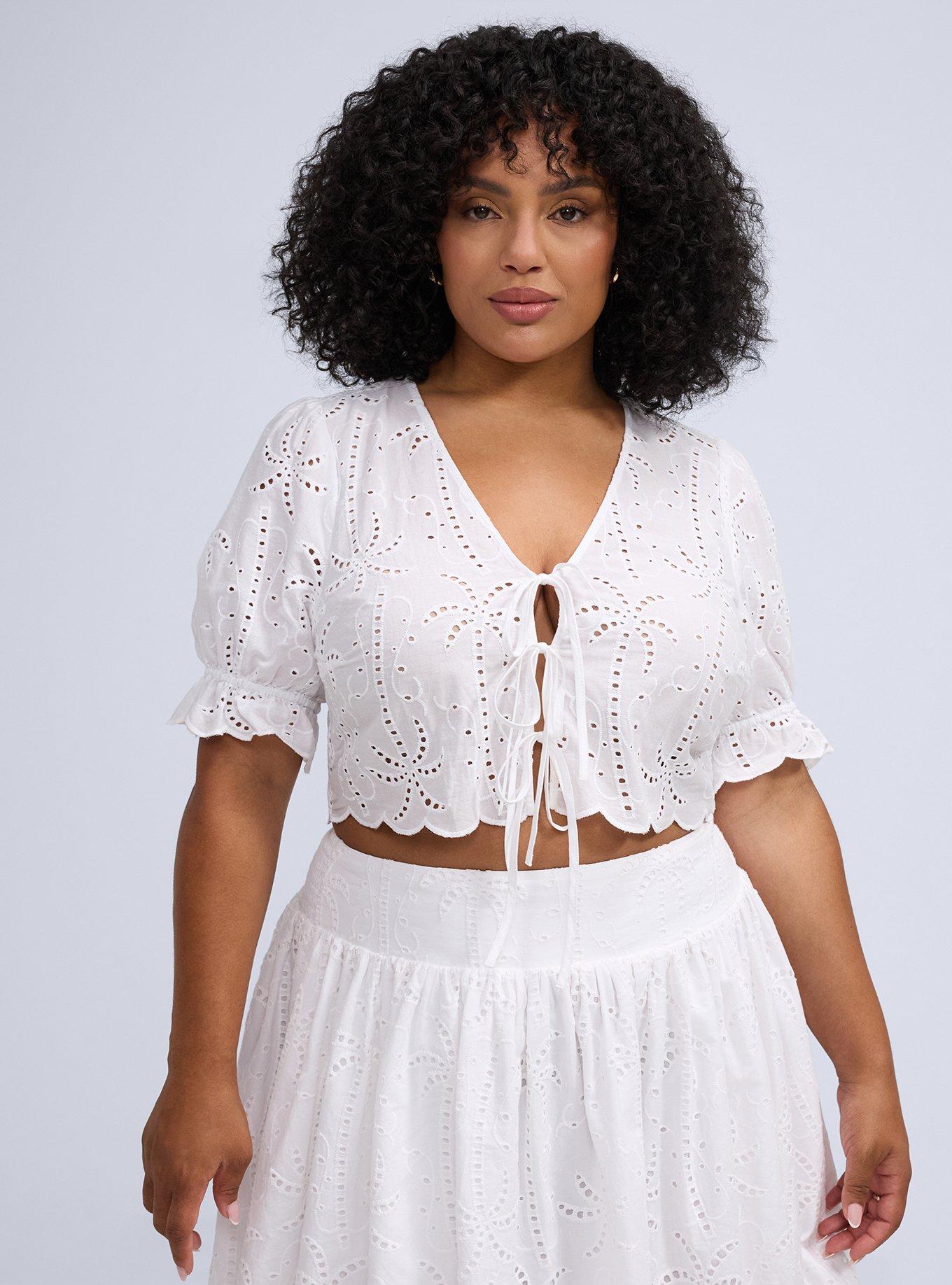 Plus Size Belle Isle Embroidered Tie-Front Crop Top, BRIGHT WHITE, hi-res