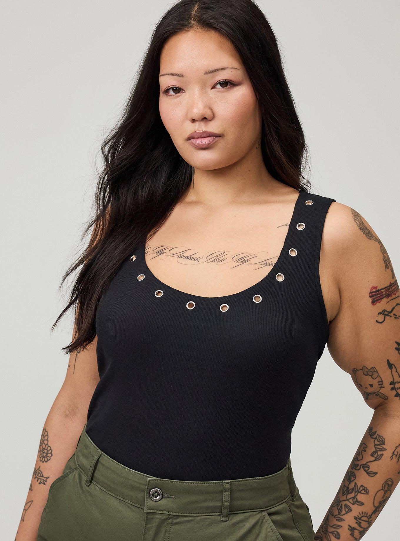 Plus Size Cotton Modal Rib Scoop Grommet Tank, DEEP BLACK, alternate