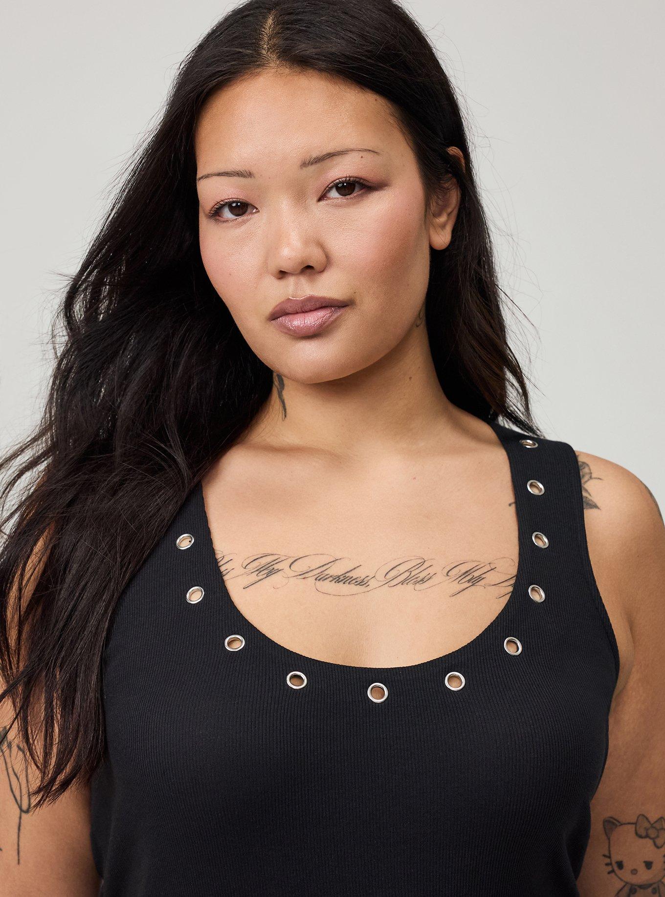 Plus Size Cotton Modal Rib Scoop Grommet Tank, DEEP BLACK, alternate