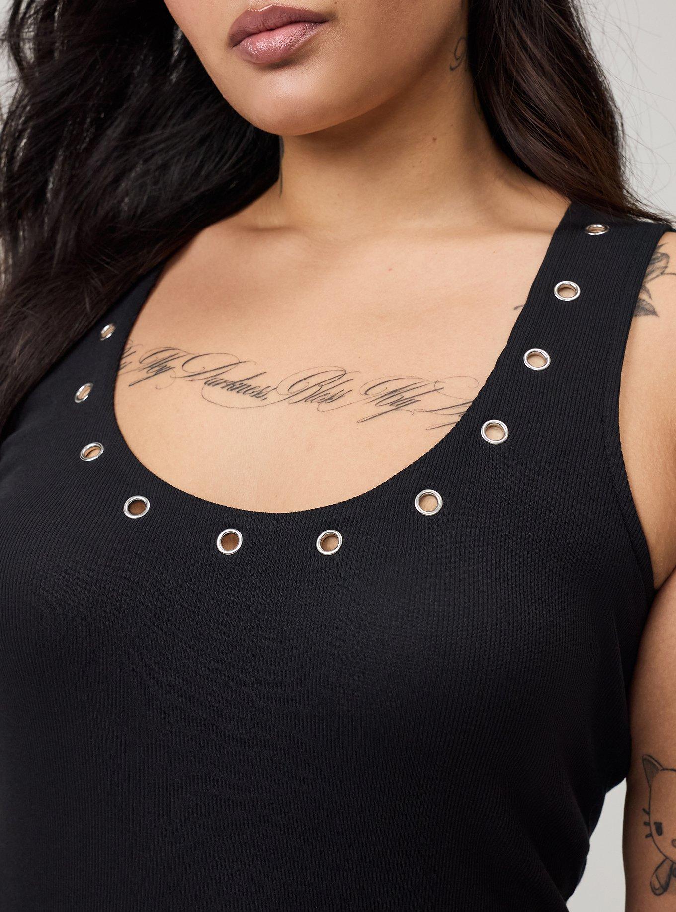 Plus Size Cotton Modal Rib Scoop Grommet Tank, DEEP BLACK, alternate