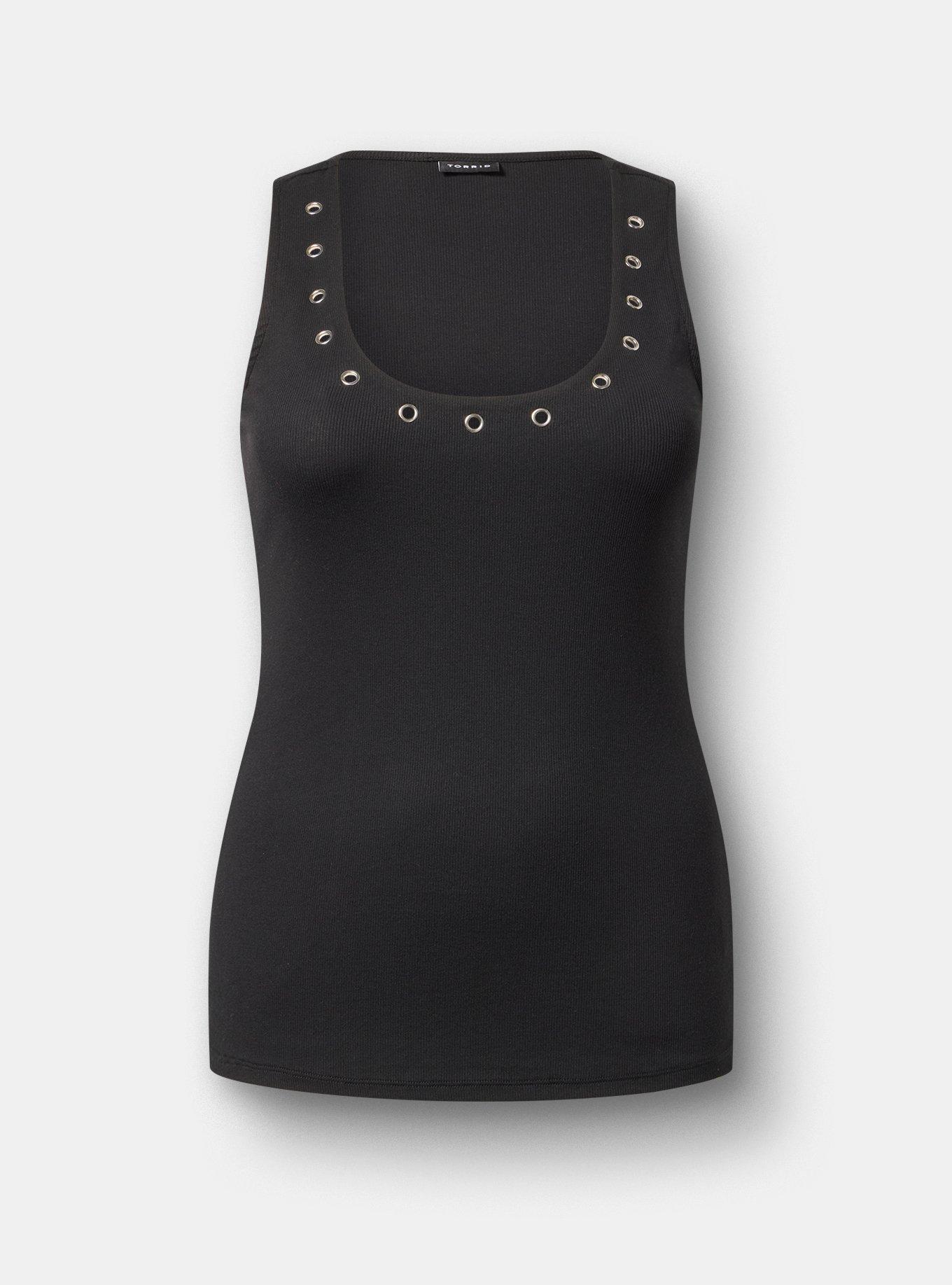 Plus Size Cotton Modal Rib Scoop Grommet Tank, DEEP BLACK, flat