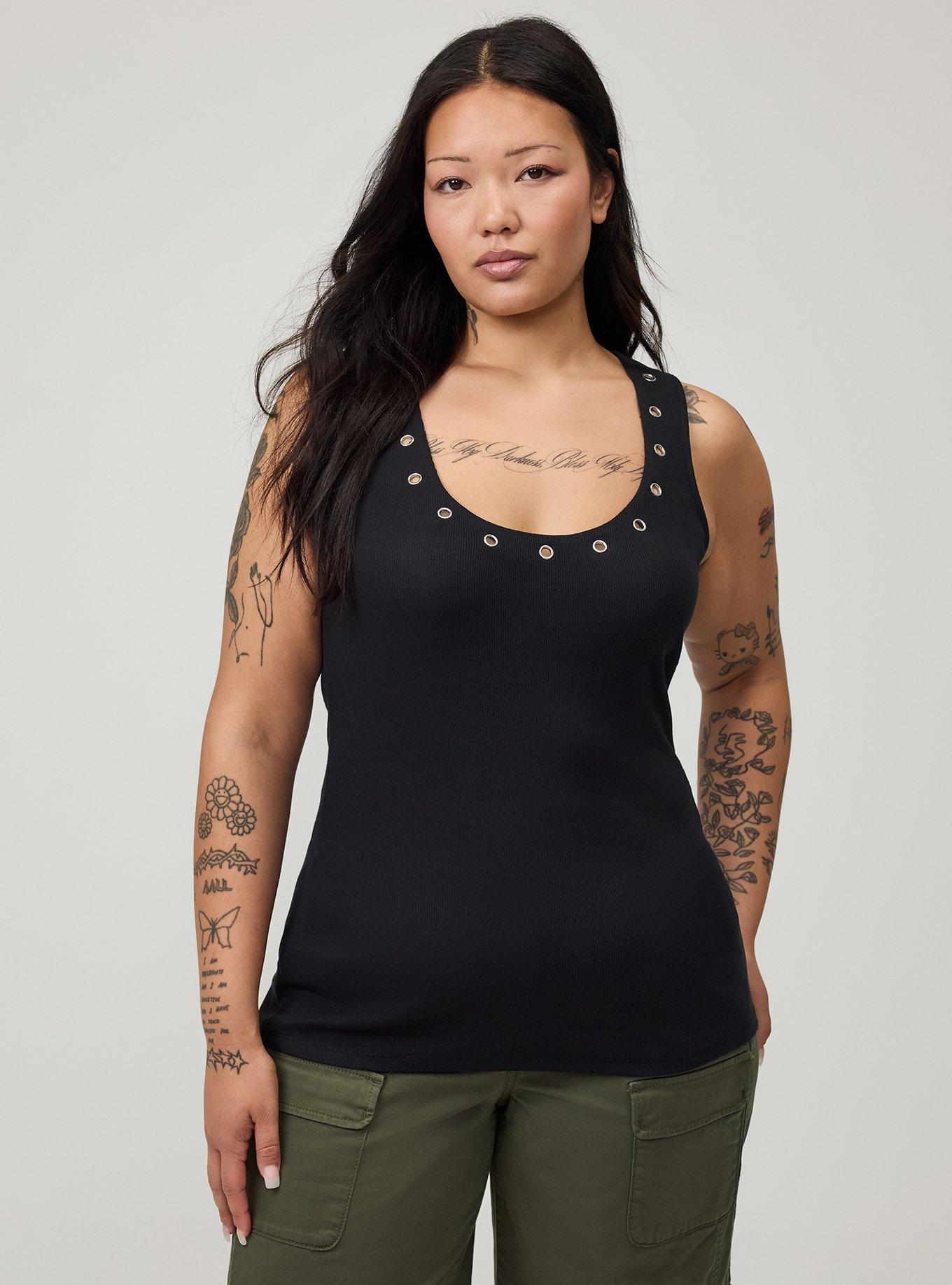 Plus Size Cotton Modal Rib Scoop Grommet Tank, DEEP BLACK, hi-res