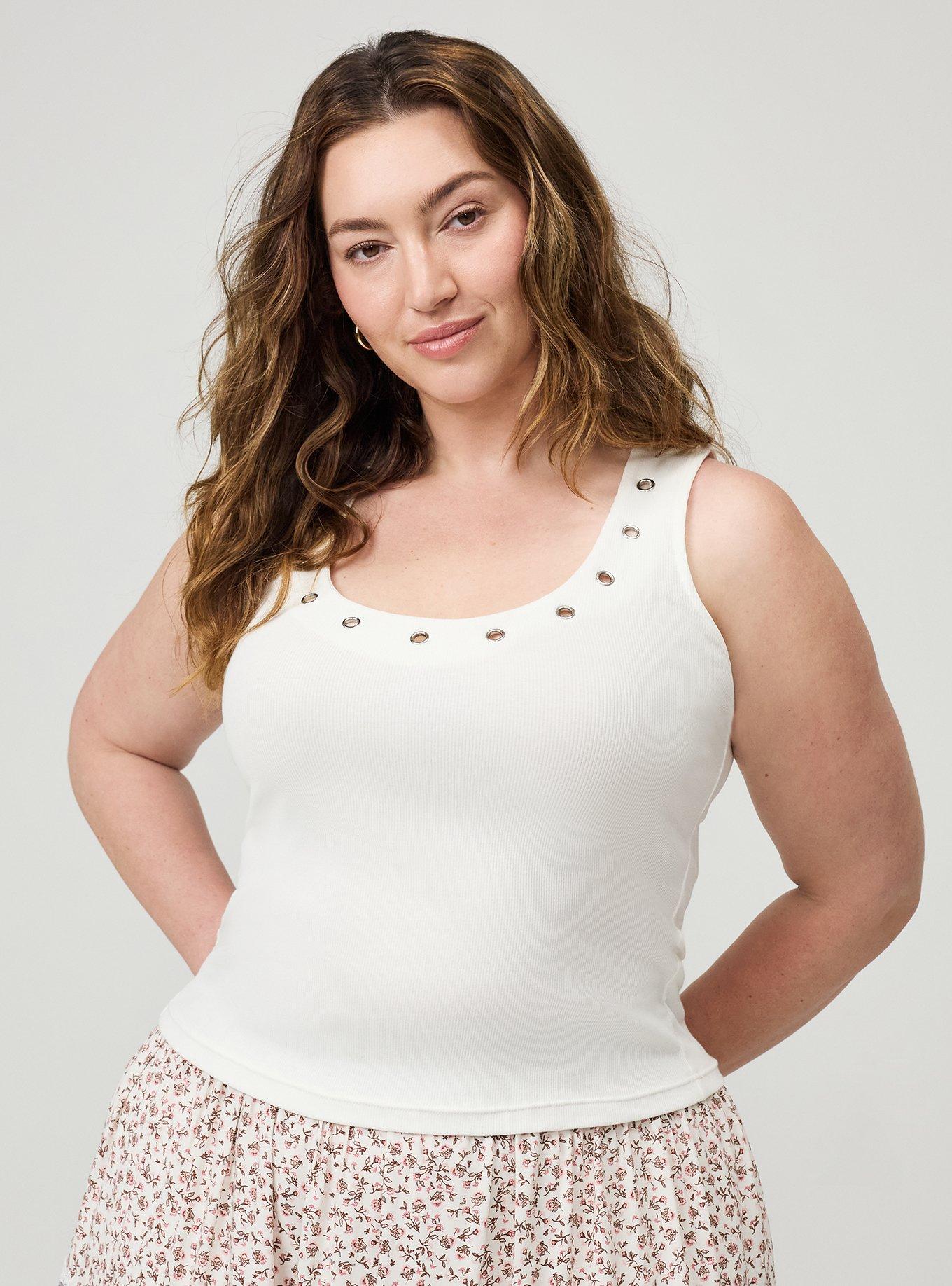 Plus Size Cotton Modal Rib Scoop Grommet Tank, BLANC DE BLANC, hi-res