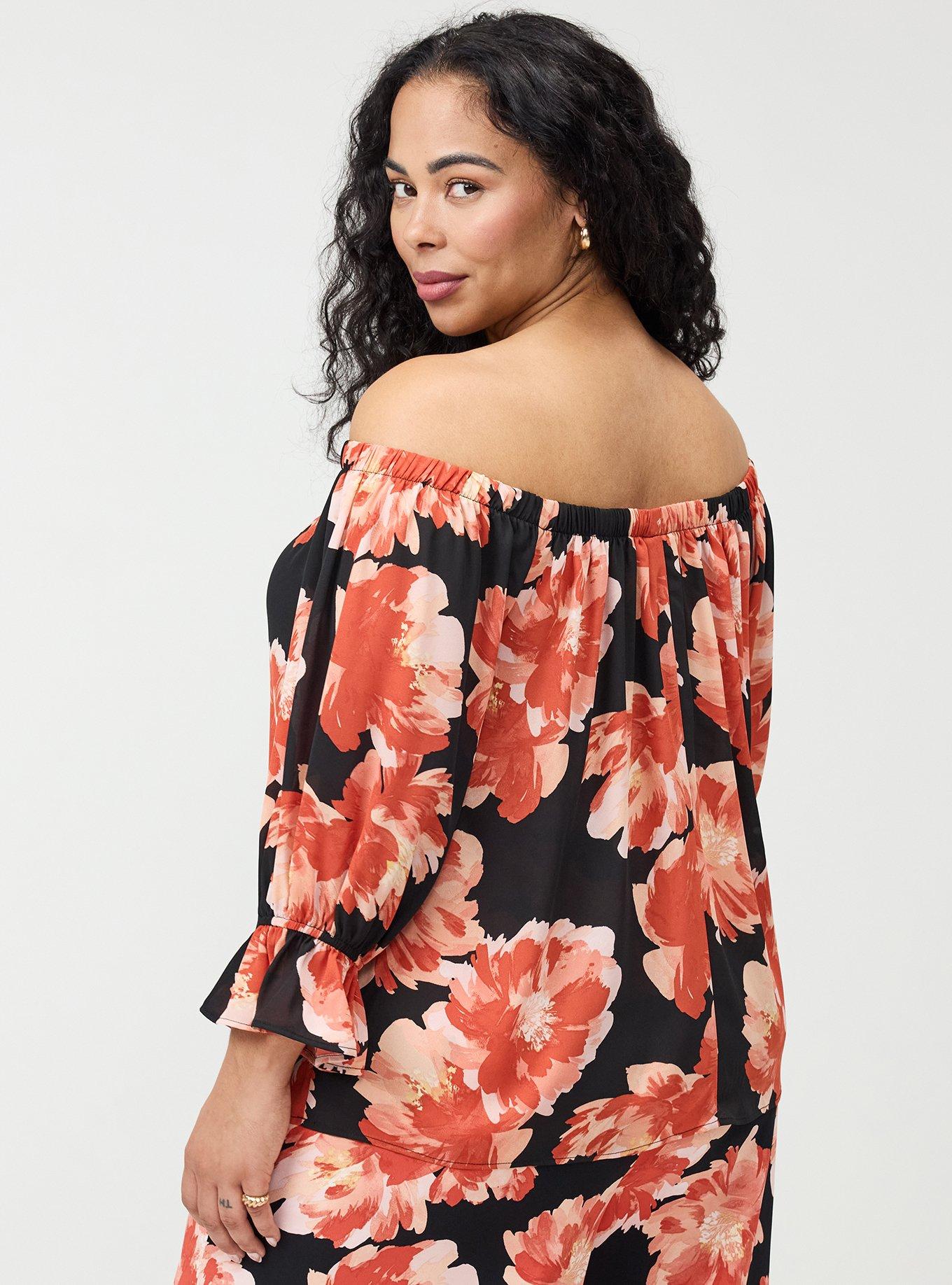 Off-Shoulder Blouse, SHOWERING PEONIES FLORAL BLACK, alternate
