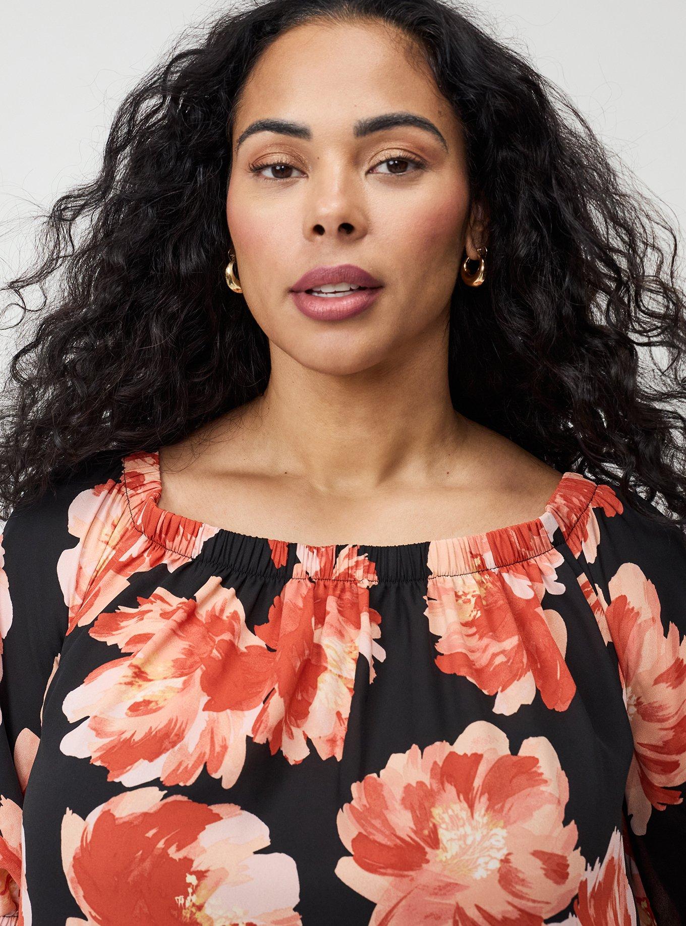 Off-Shoulder Blouse, SHOWERING PEONIES FLORAL BLACK, alternate