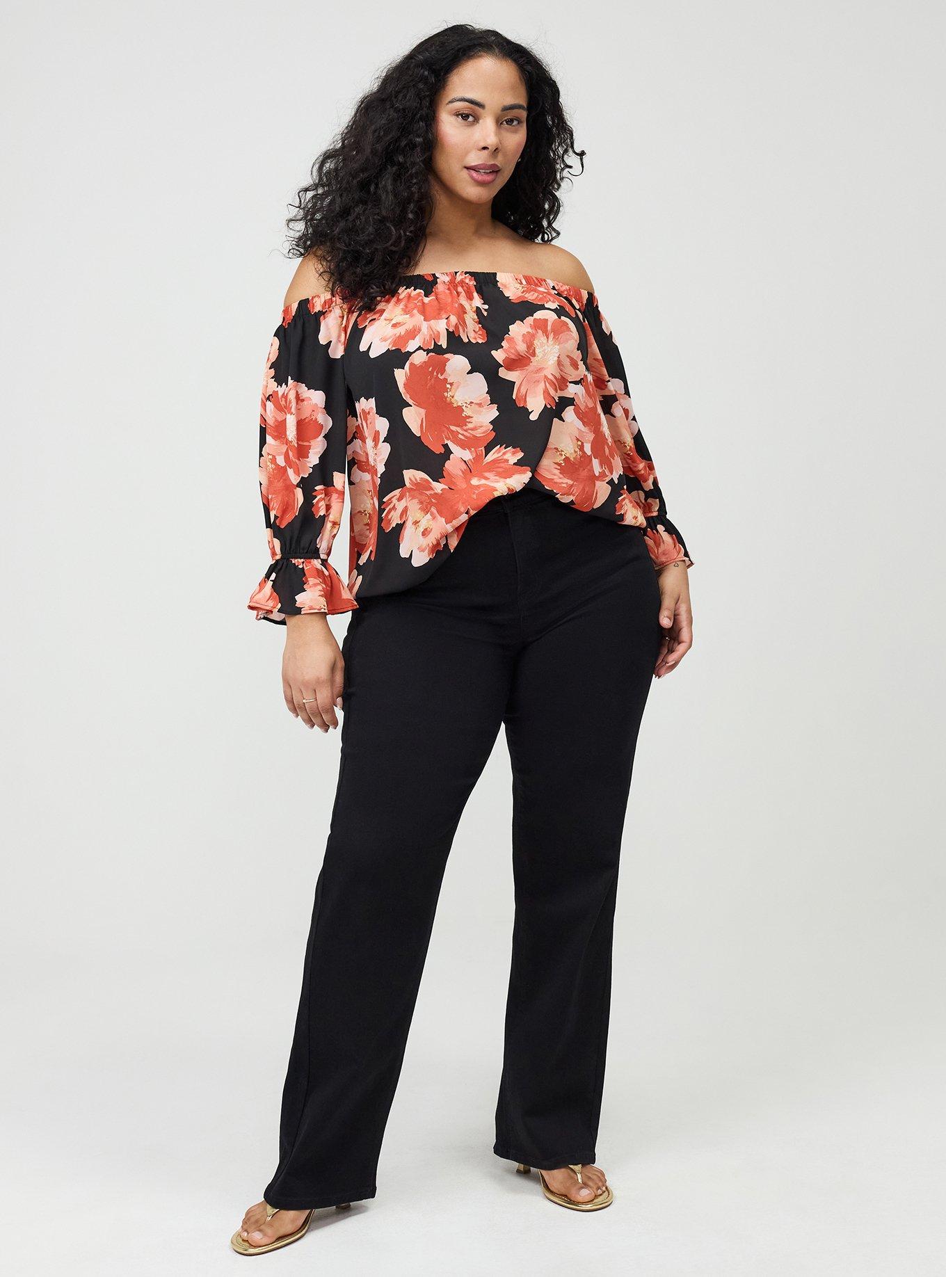 Off-Shoulder Blouse, SHOWERING PEONIES FLORAL BLACK, alternate