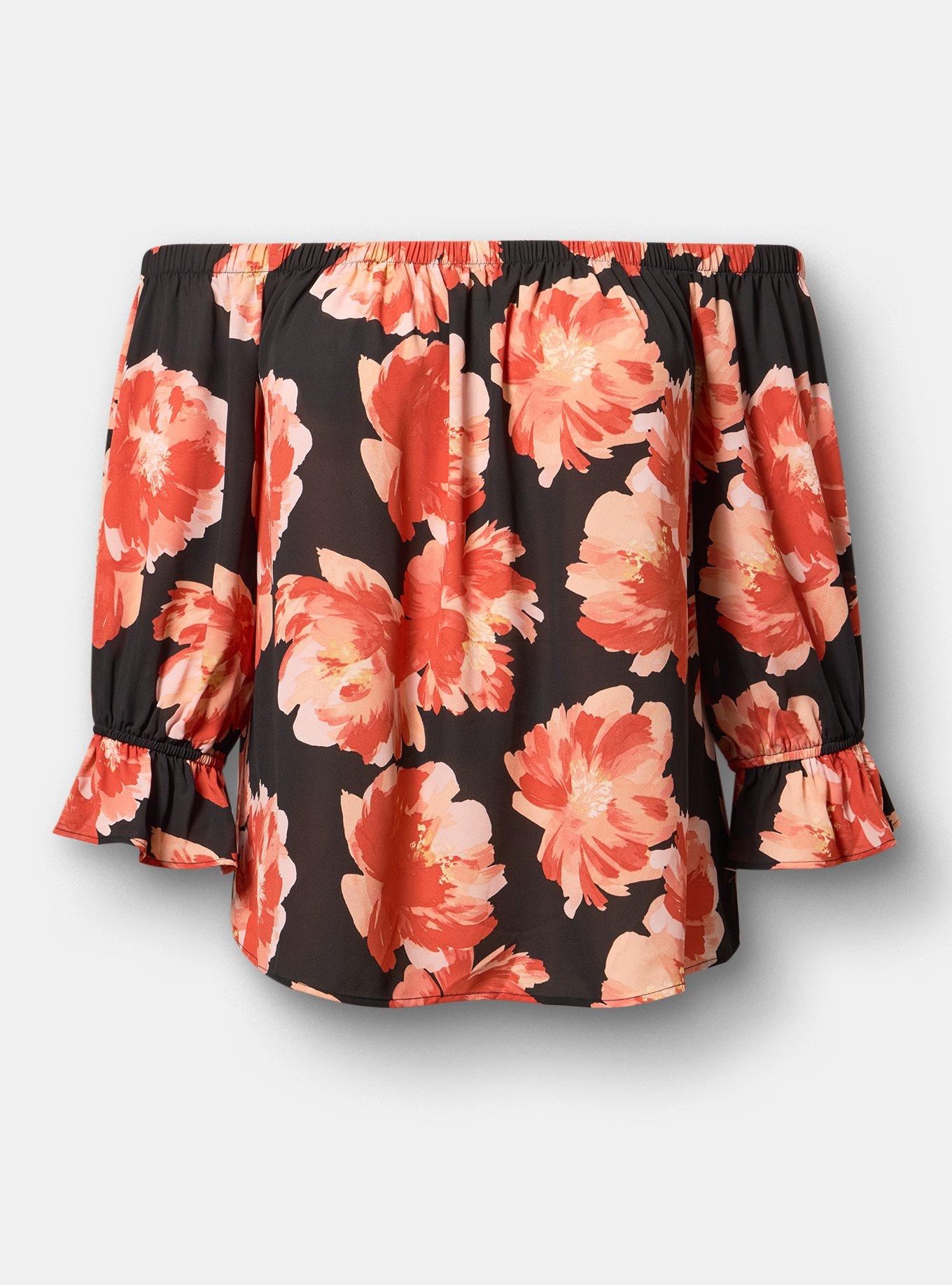 Off-Shoulder Blouse, SHOWERING PEONIES FLORAL BLACK, flat
