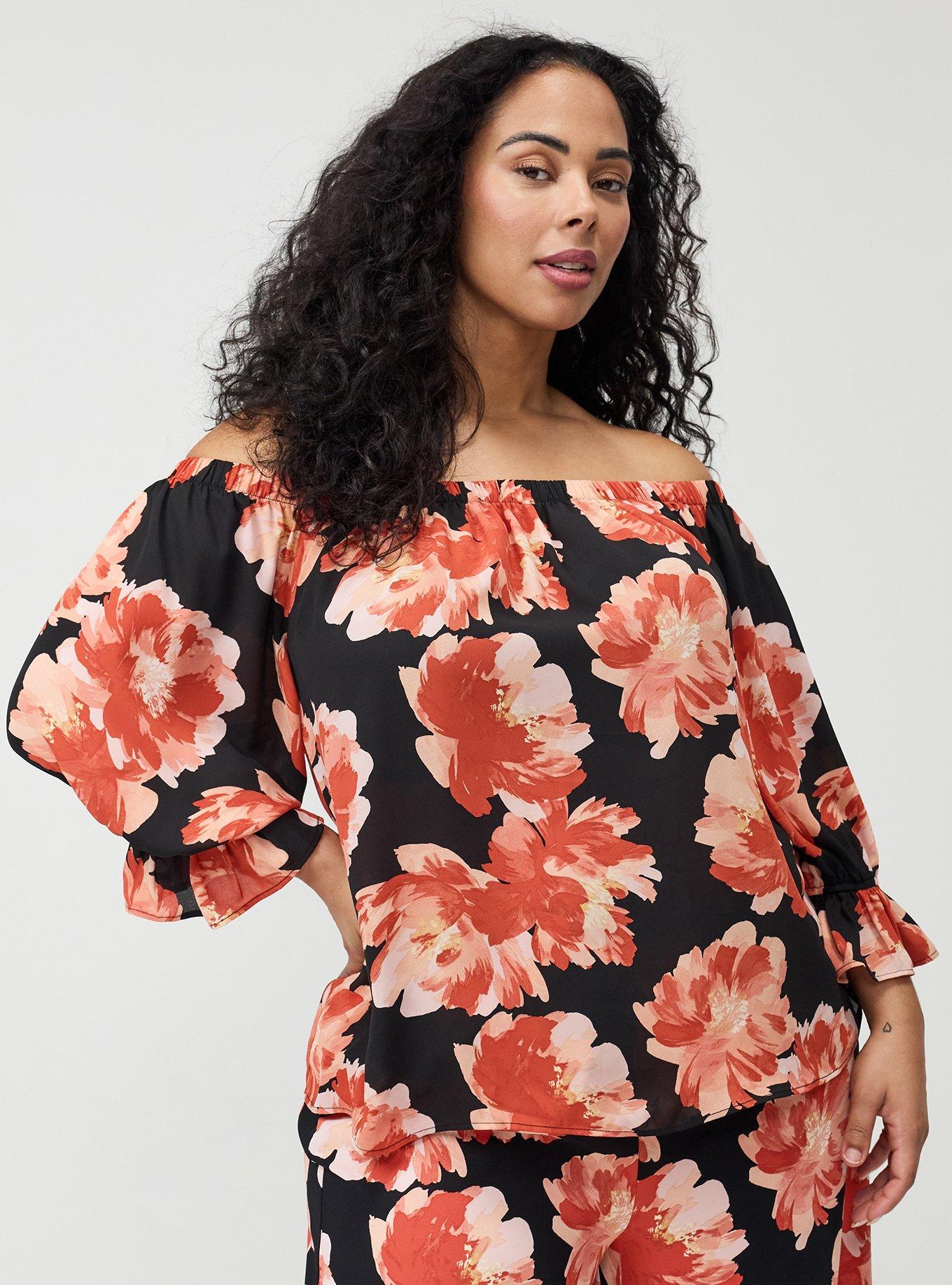 Off-Shoulder Blouse, SHOWERING PEONIES FLORAL BLACK, hi-res
