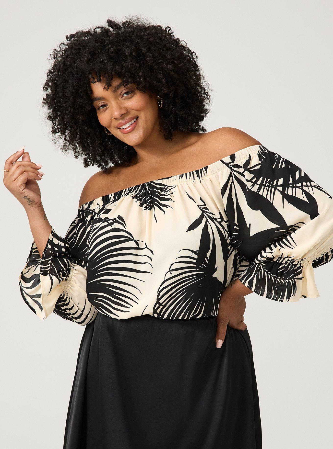 Off-Shoulder Blouse, BEHIND THE LEAVES BLACK, alternate