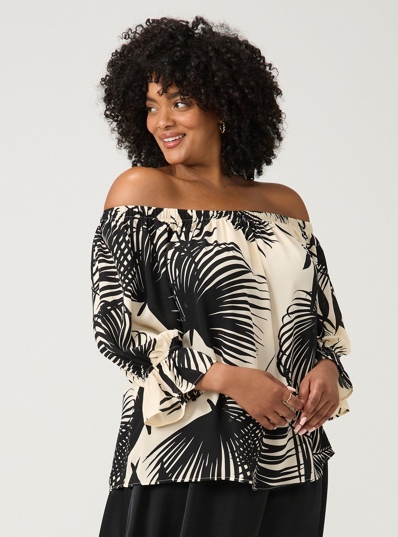 Off-Shoulder Blouse, BEHIND THE LEAVES BLACK, hi-res