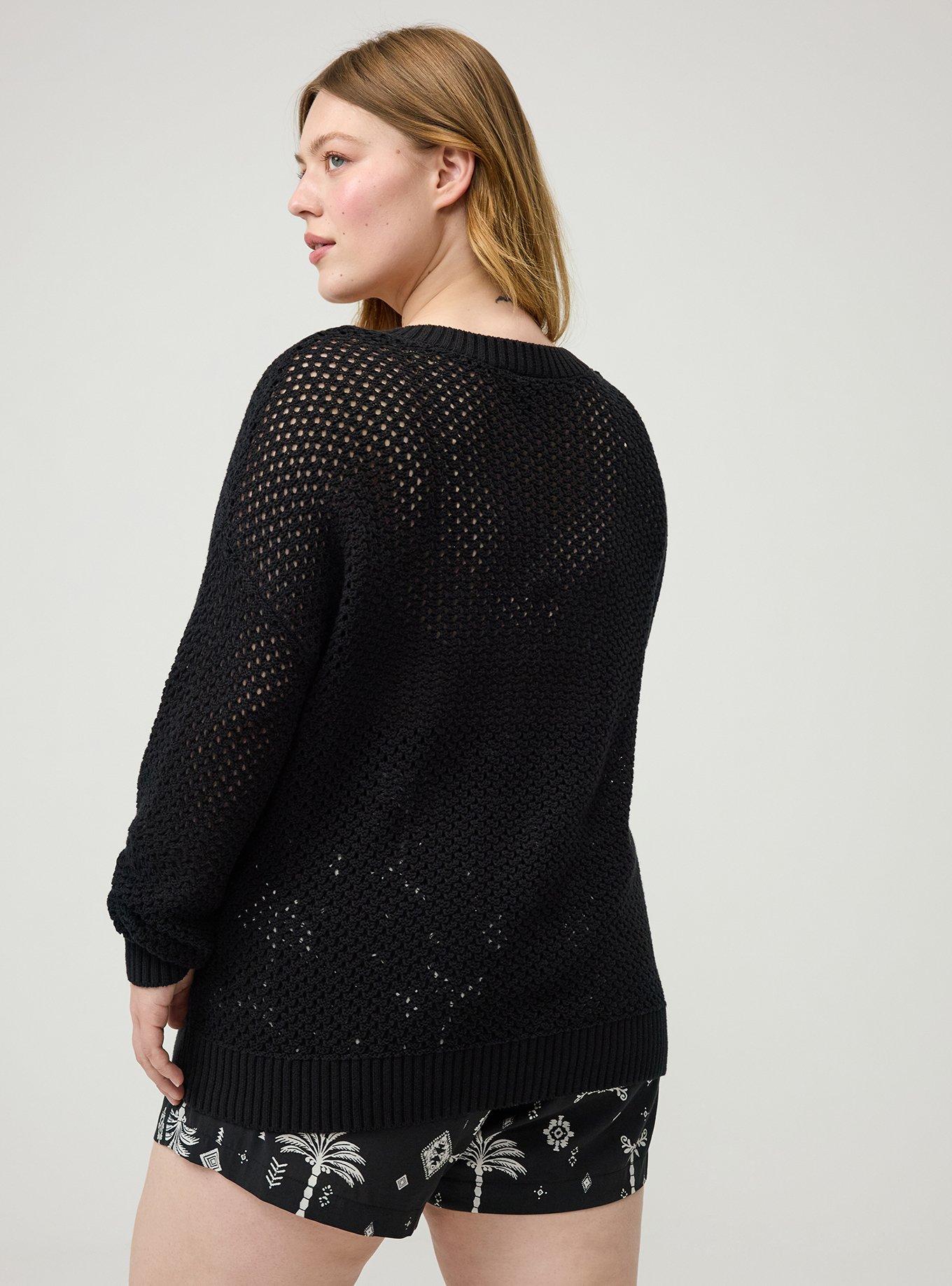 Open Stitch V-Neck Sweater, DEEP BLACK, alternate