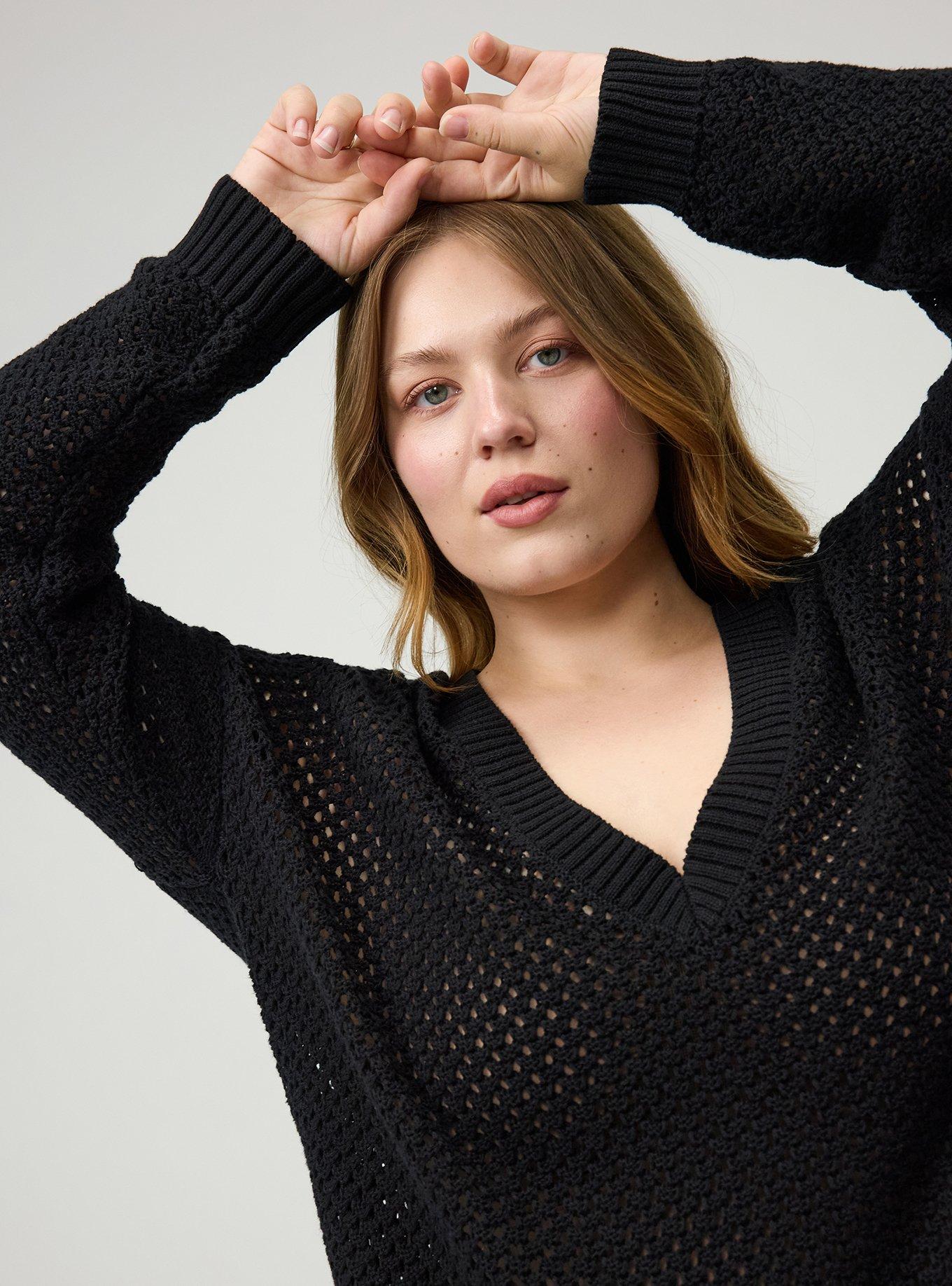 Open Stitch V-Neck Sweater, DEEP BLACK, alternate