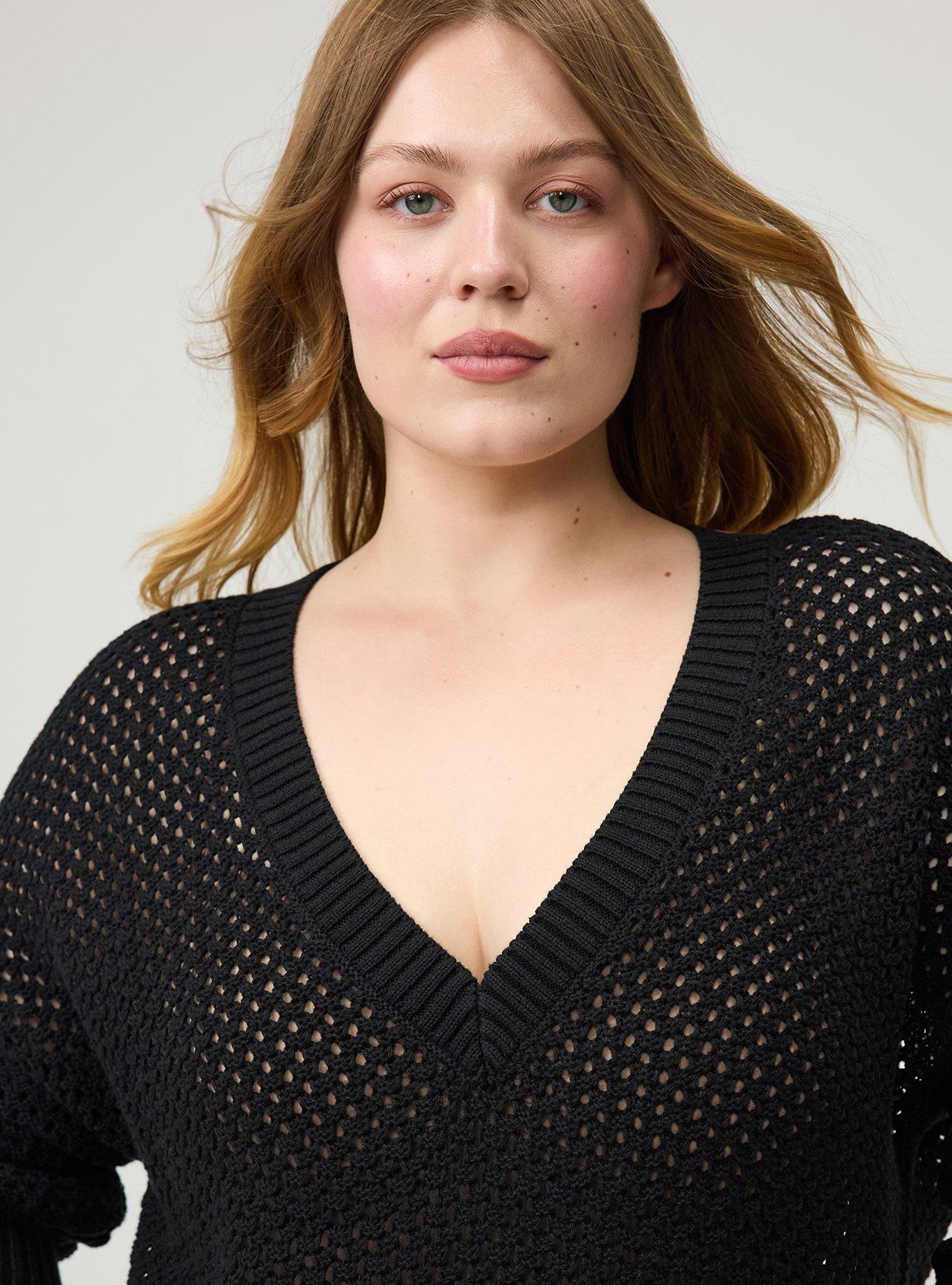 Open Stitch V-Neck Sweater, DEEP BLACK, alternate