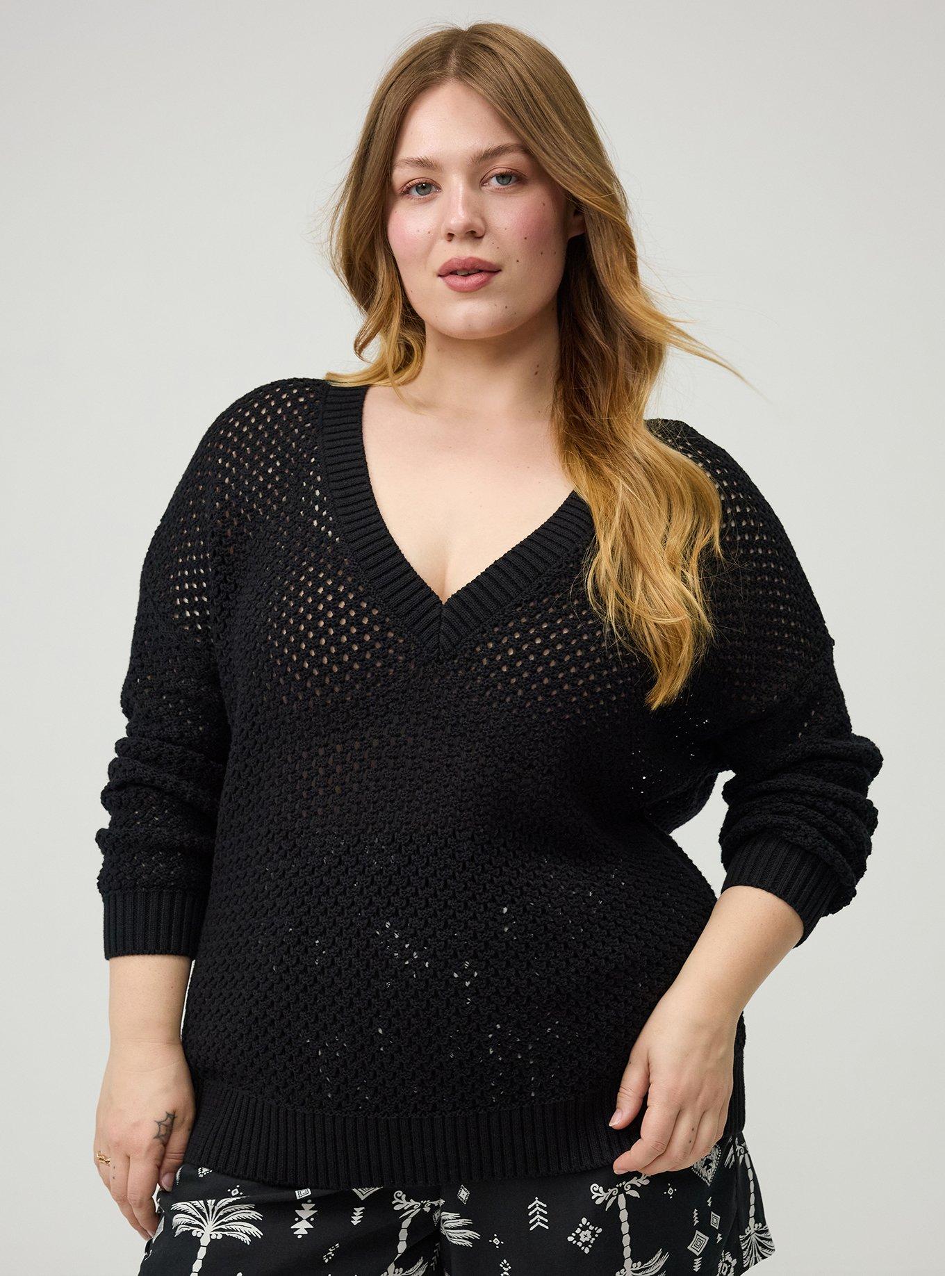 Open Stitch V-Neck Sweater, DEEP BLACK, hi-res