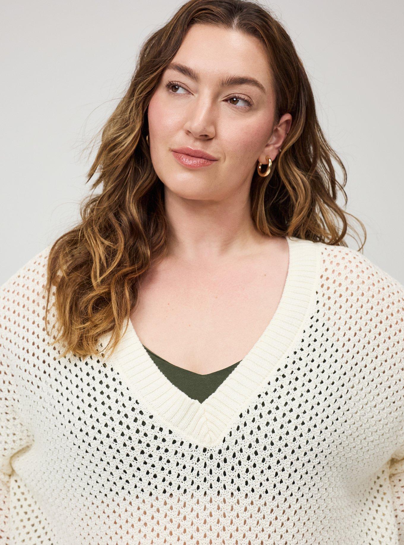 Open Stitch V-Neck Sweater, WHISPER WHITE, alternate