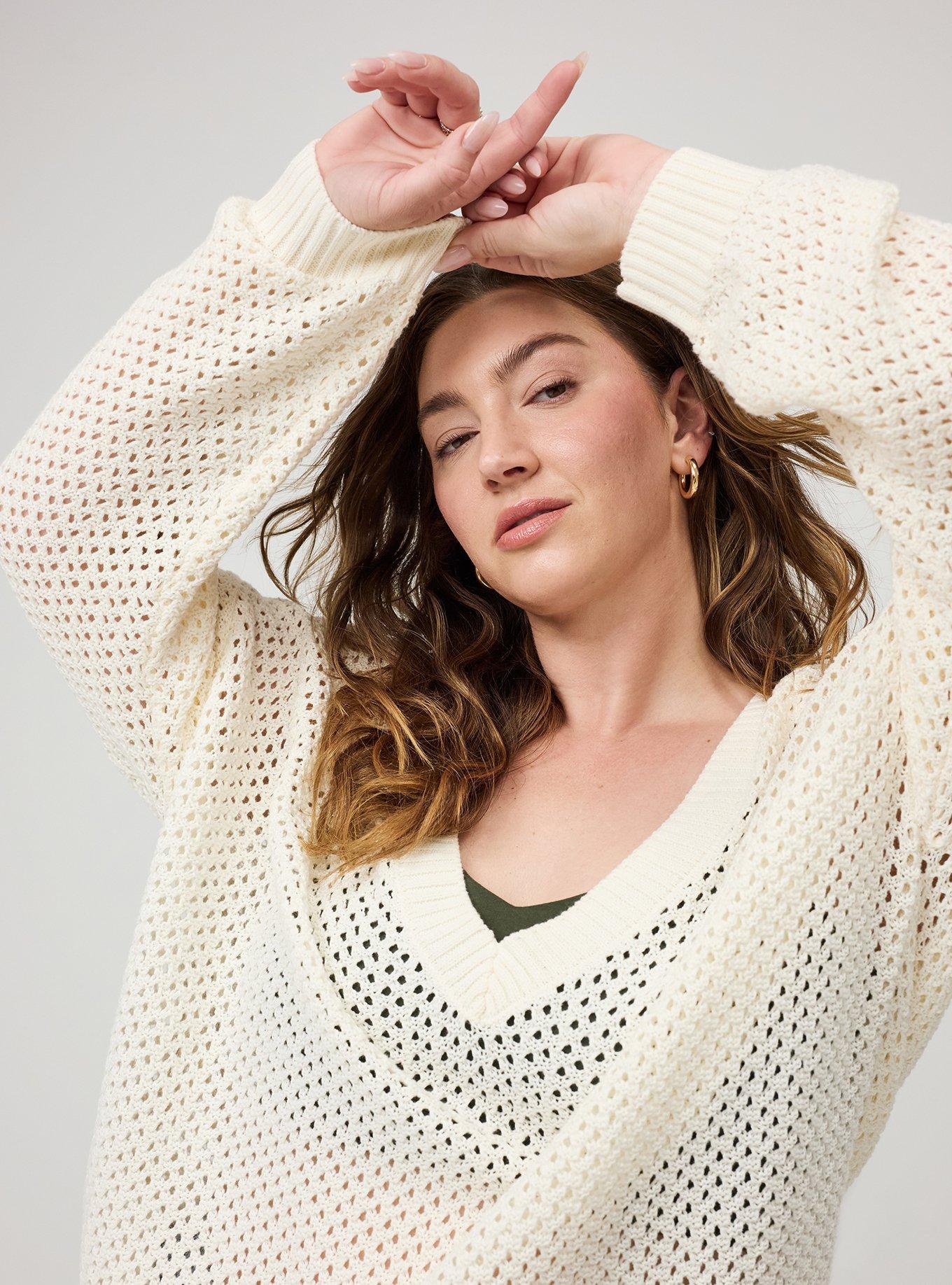 Open Stitch V-Neck Sweater, WHISPER WHITE, alternate