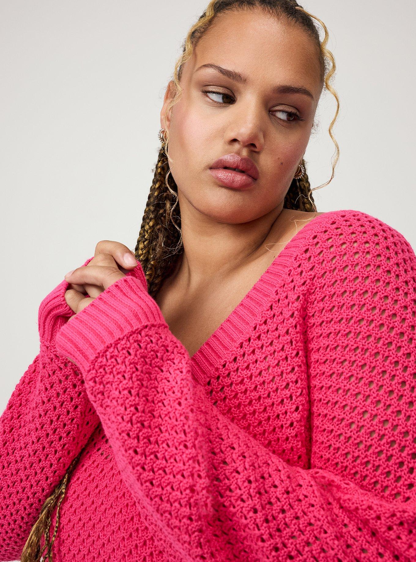 Open Stitch V-Neck Sweater, BEETROOT PURPLE, alternate
