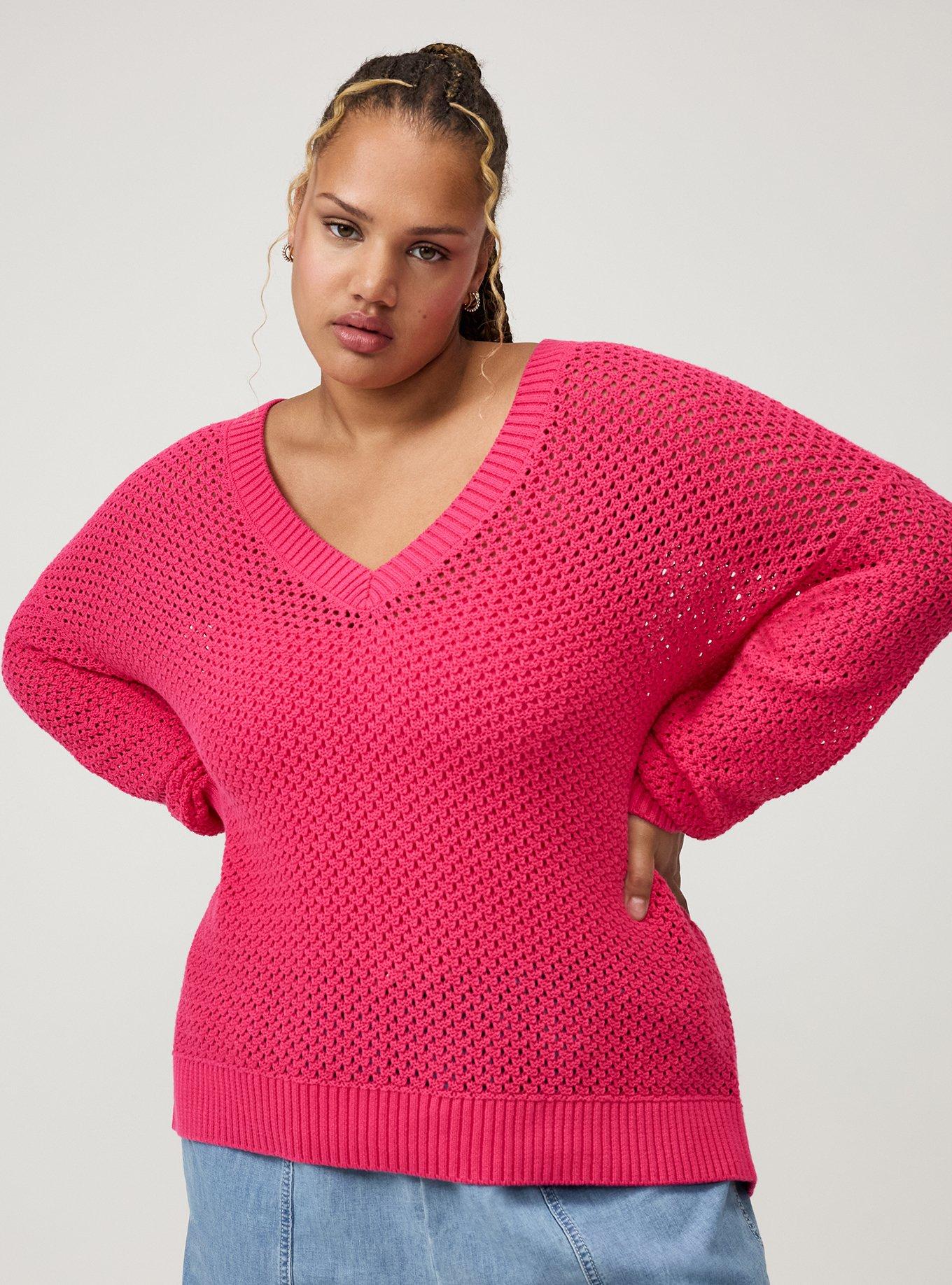 Open Stitch V-Neck Sweater, BEETROOT PURPLE, alternate