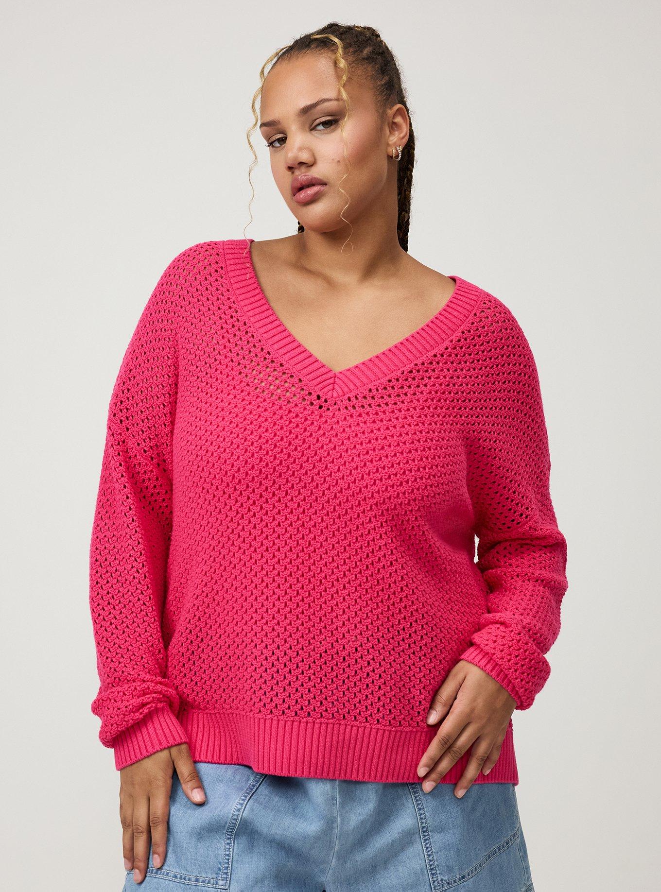 Open Stitch V-Neck Sweater, BEETROOT PURPLE, hi-res