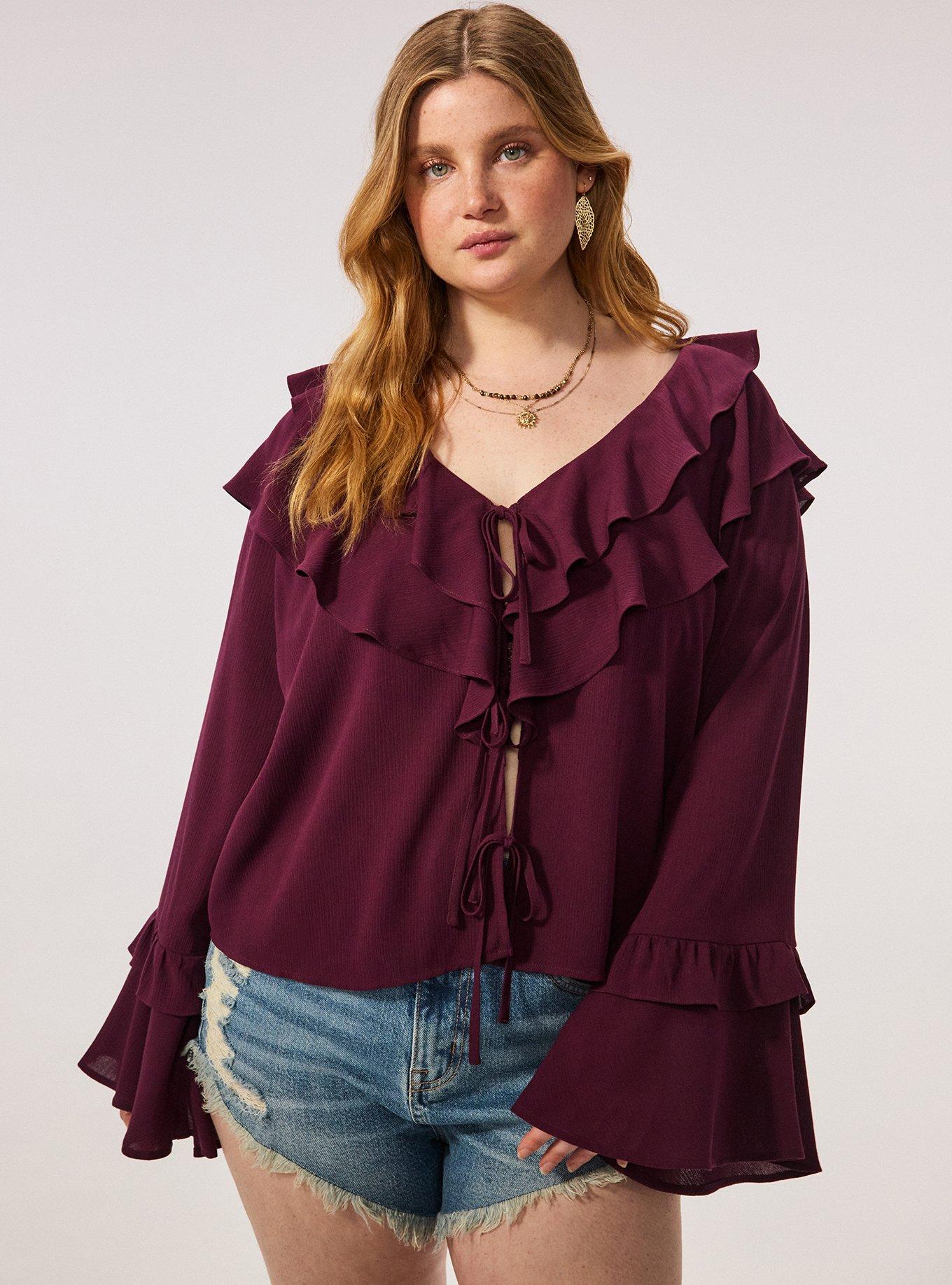 Festi Ruffle Tie Front Top, POTENT PURPLE, hi-res