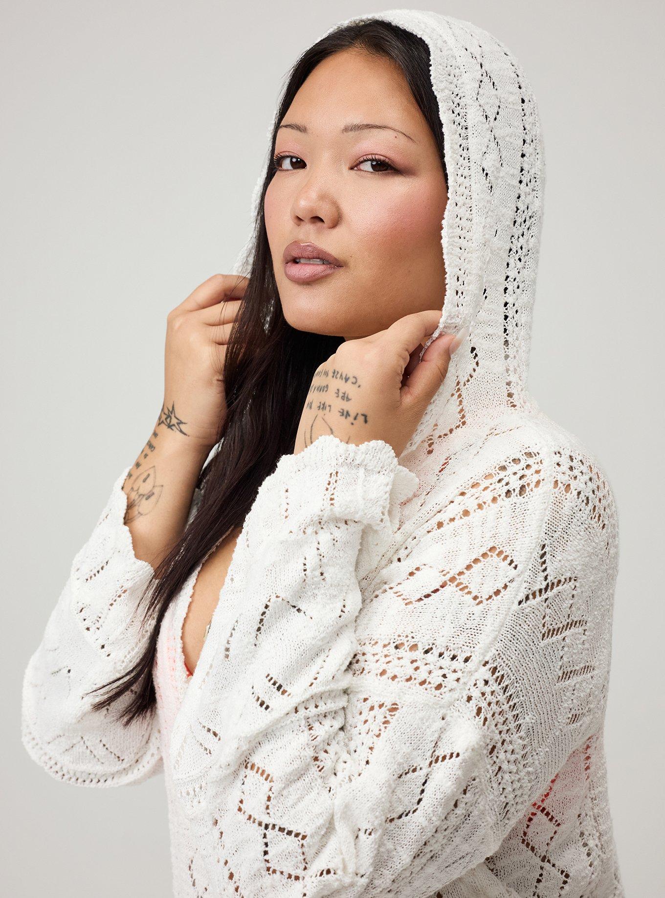 Pointelle Hoodie Sweater, WHISPER WHITE, alternate