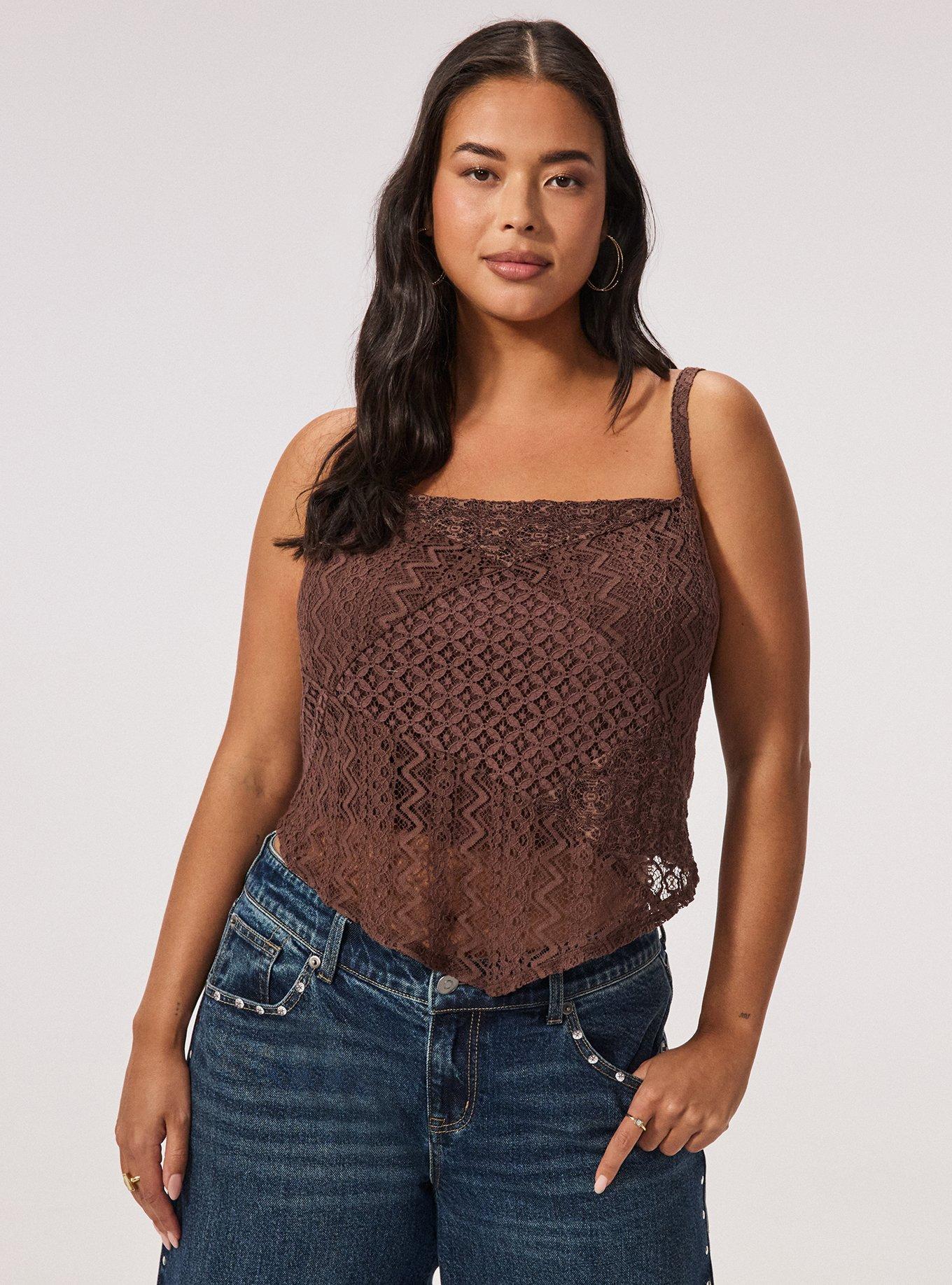 Festi Mixed Lace Handkerchief Tank, FRENCH ROAST, hi-res