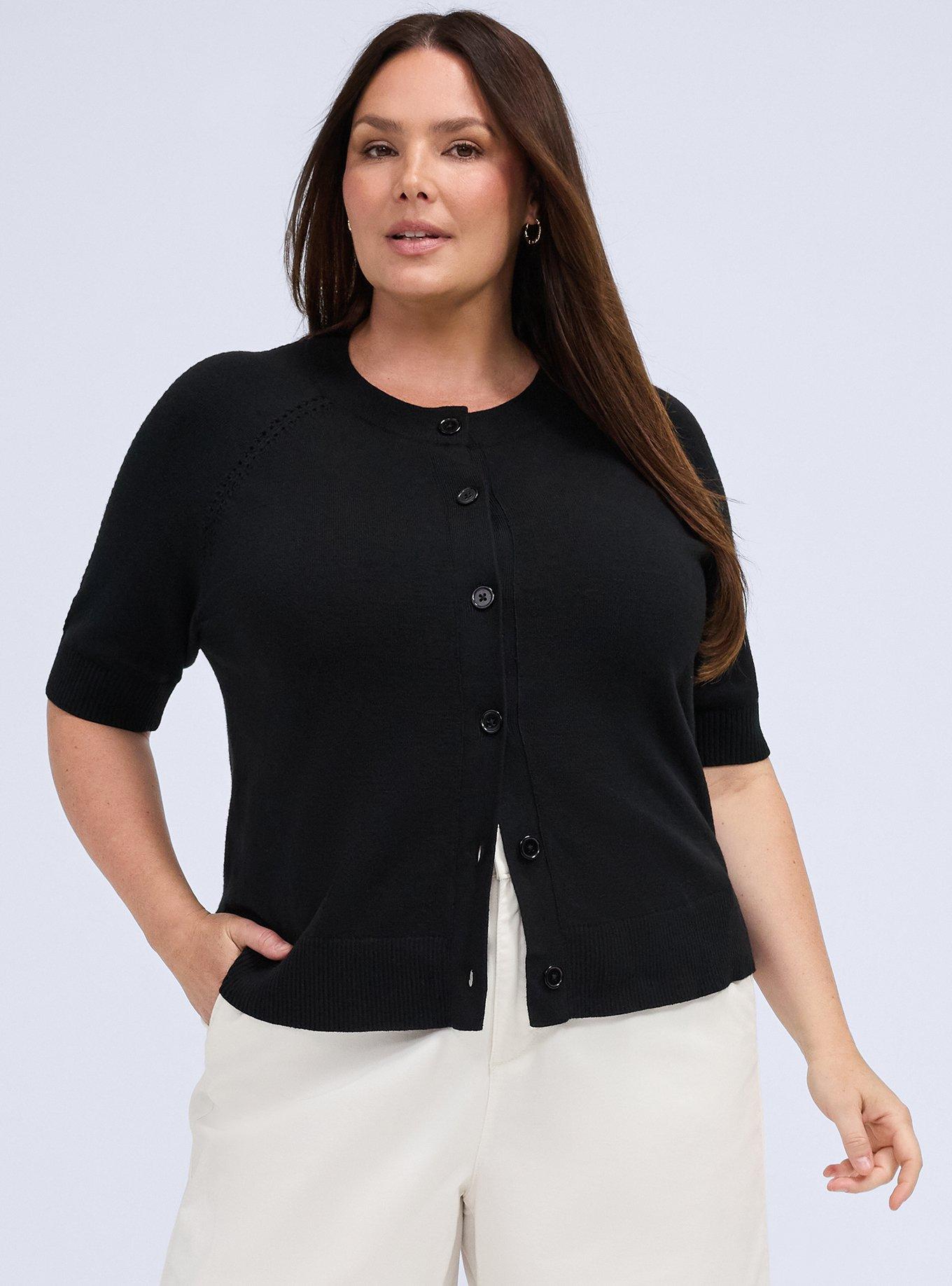 Belle Isle Short Sleeve Pointelle Cardigan, DEEP BLACK, hi-res