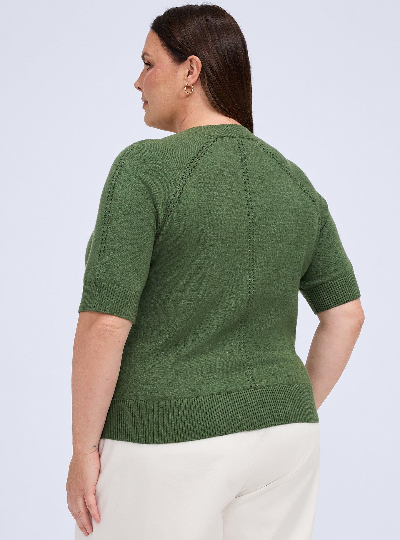 Belle Isle Short Sleeve Pointelle Cardigan, BRONZE GREEN, alternate