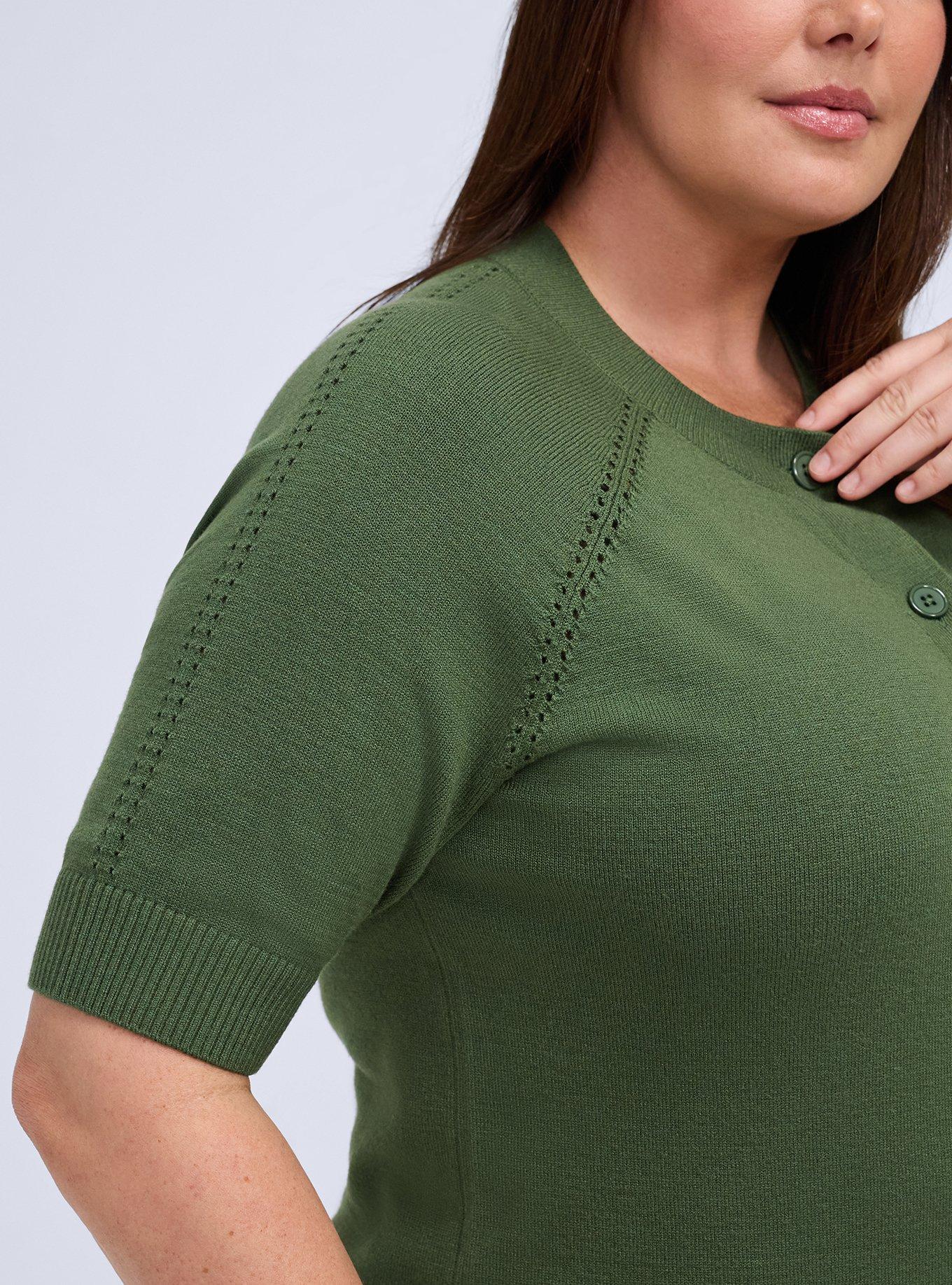 Belle Isle Short Sleeve Pointelle Cardigan, BRONZE GREEN, alternate