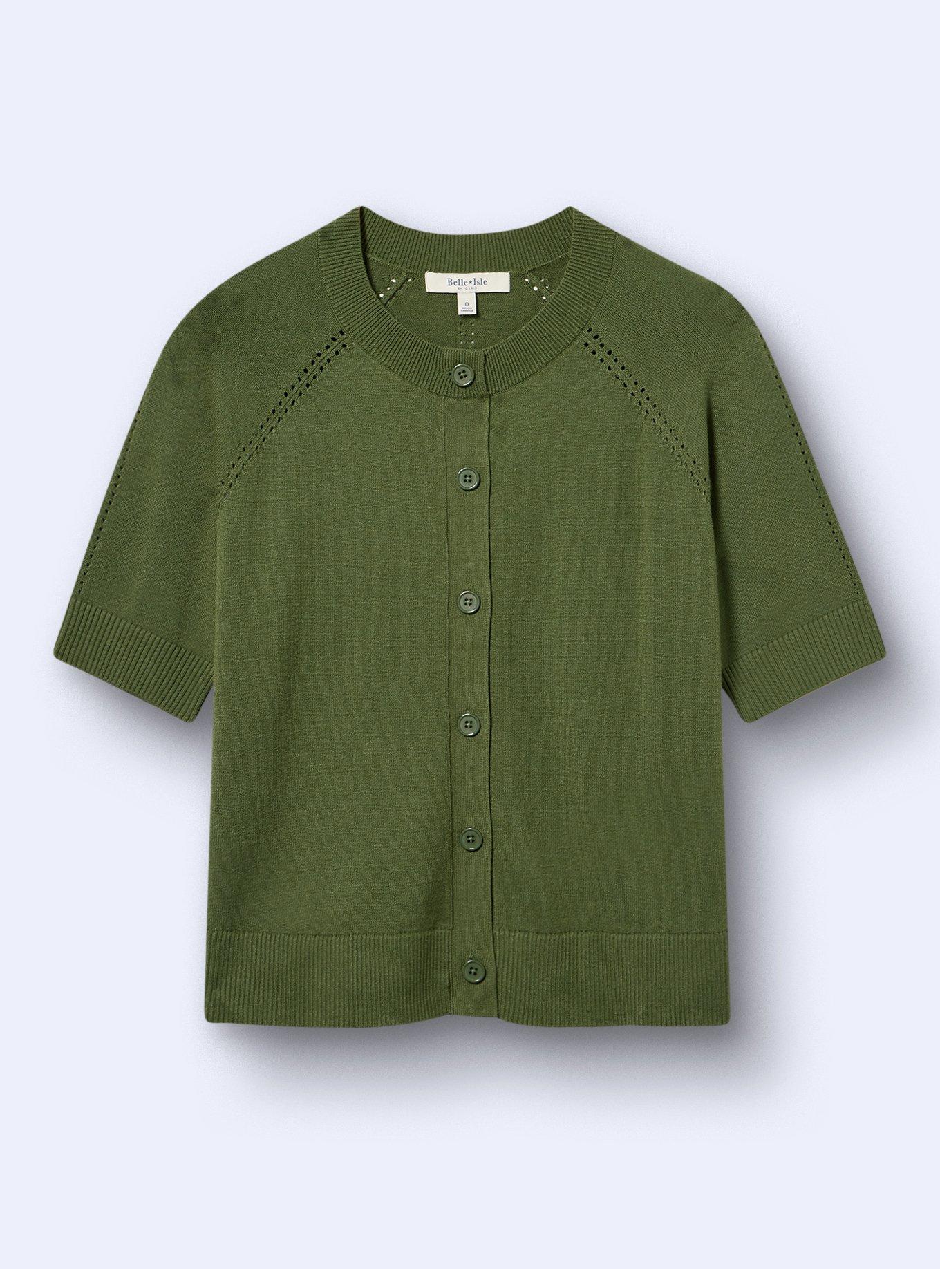 Belle Isle Short Sleeve Pointelle Cardigan, BRONZE GREEN, flat