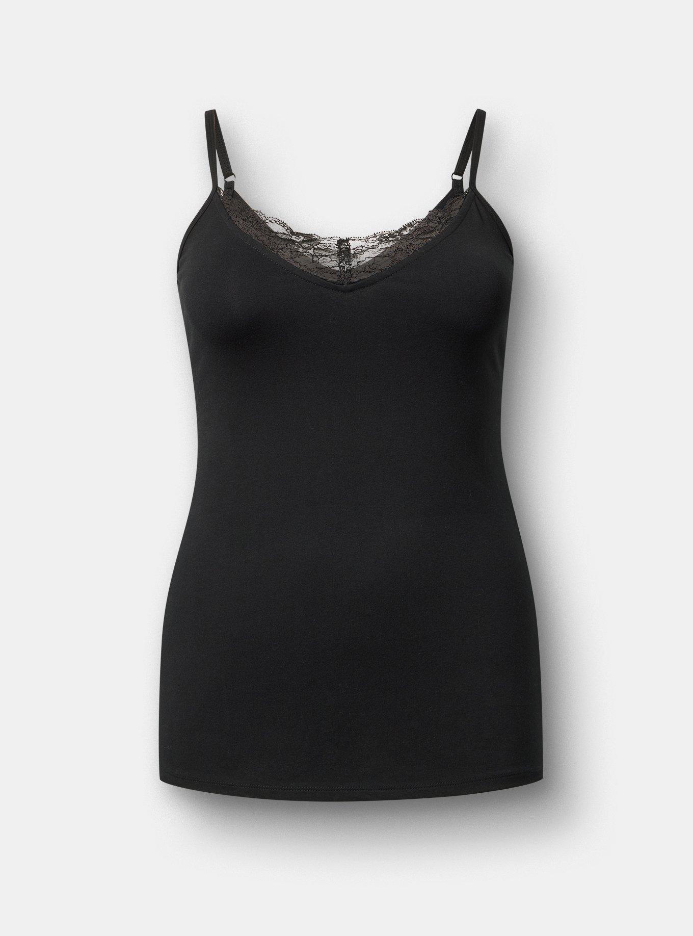 Foxy Lace Trim V-Neck Cami, DEEP BLACK, flat