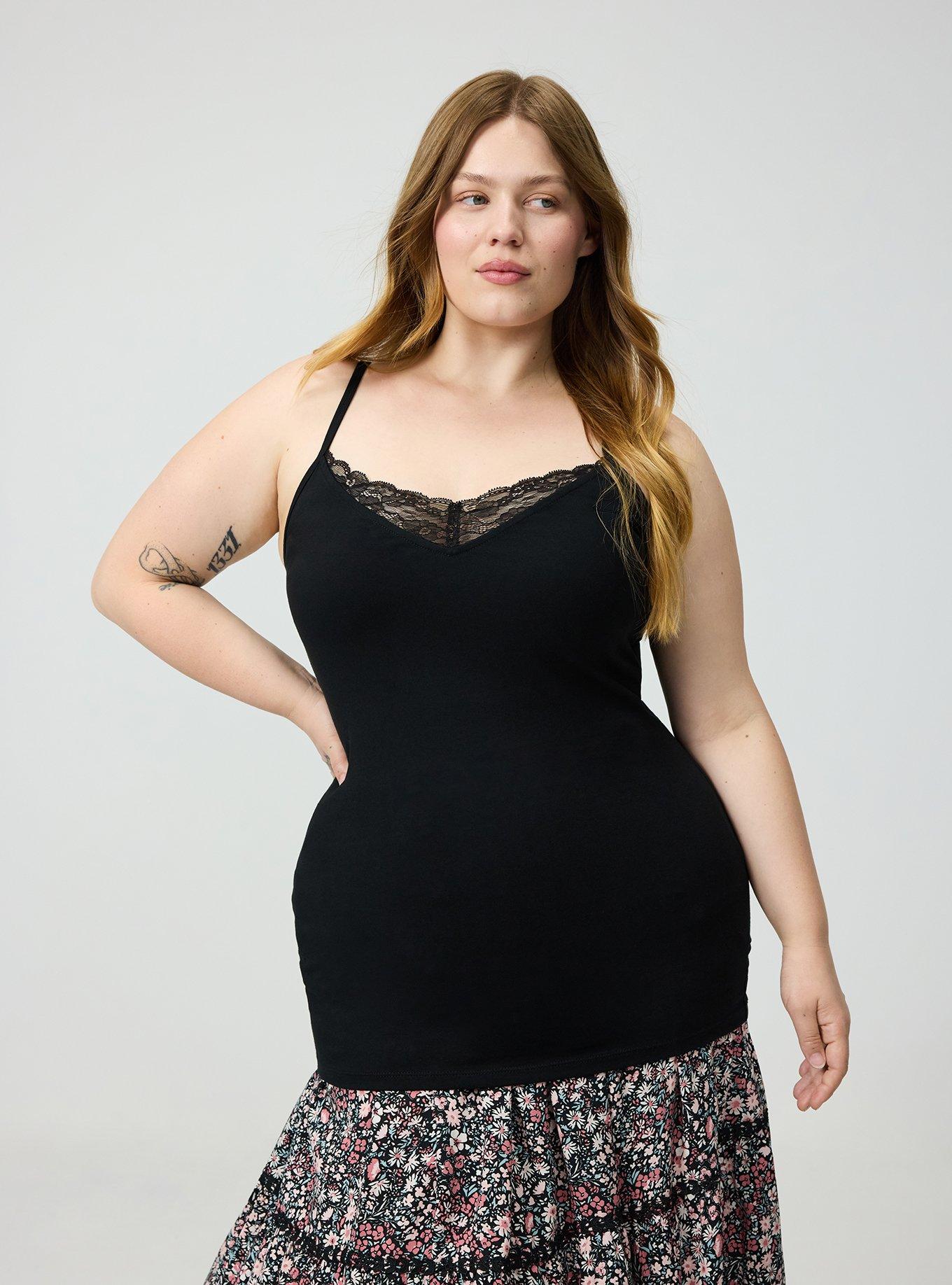Foxy Lace Trim V-Neck Cami, DEEP BLACK, hi-res