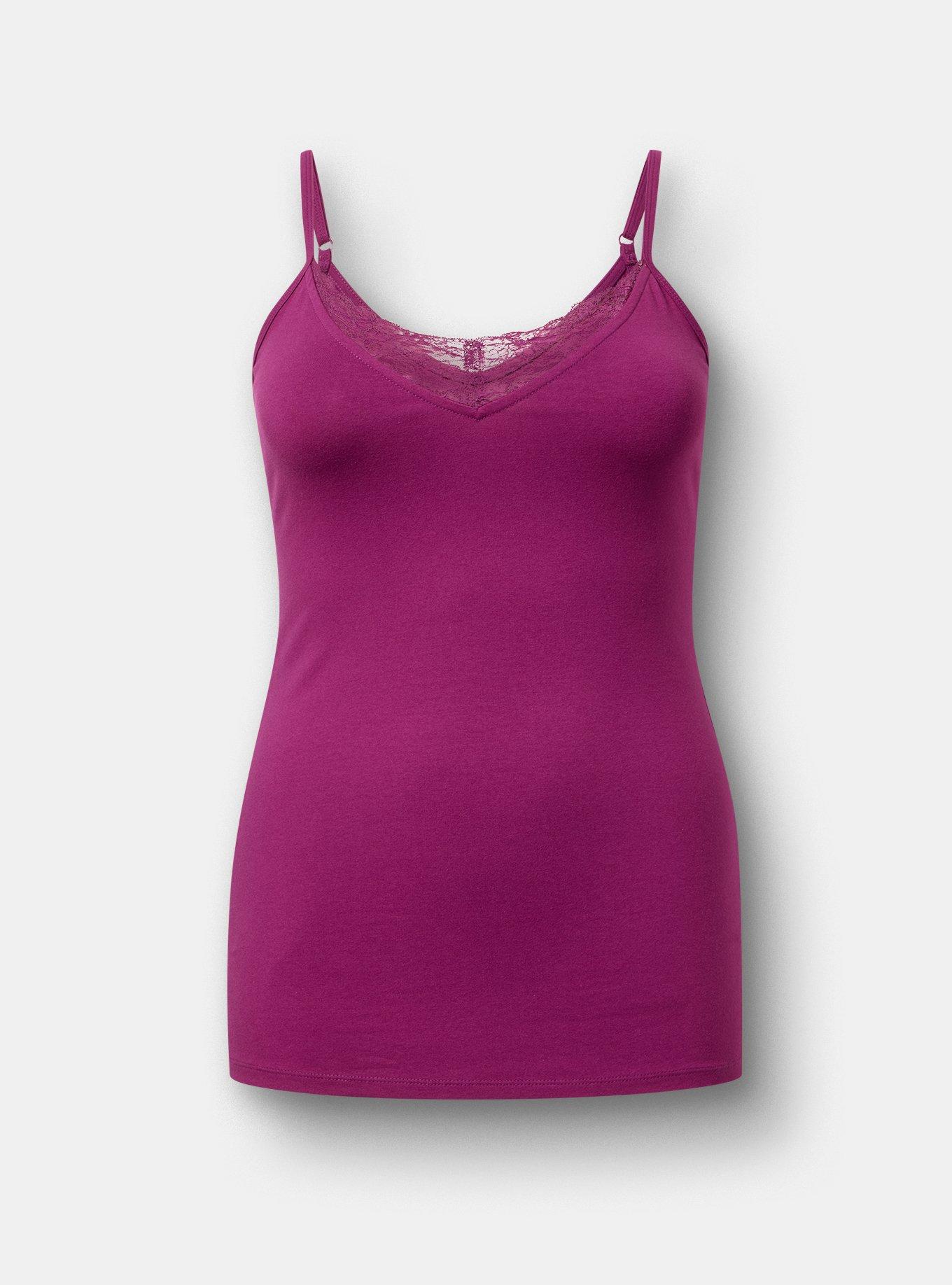 Foxy Lace Trim V-Neck Cami, PLUM CASPIA, flat