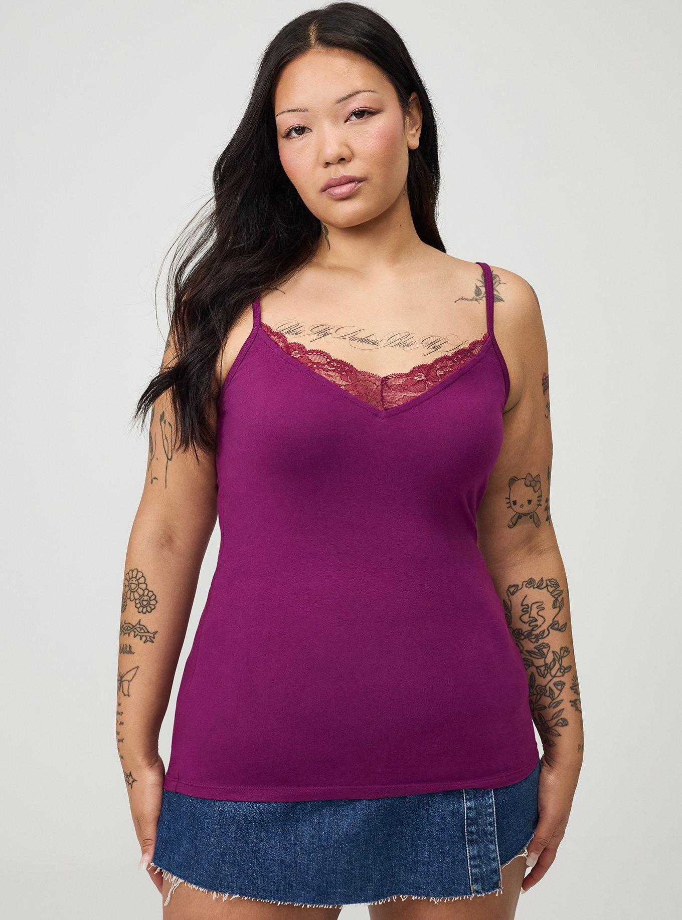 Foxy Lace Trim V-Neck Cami, PLUM CASPIA, hi-res
