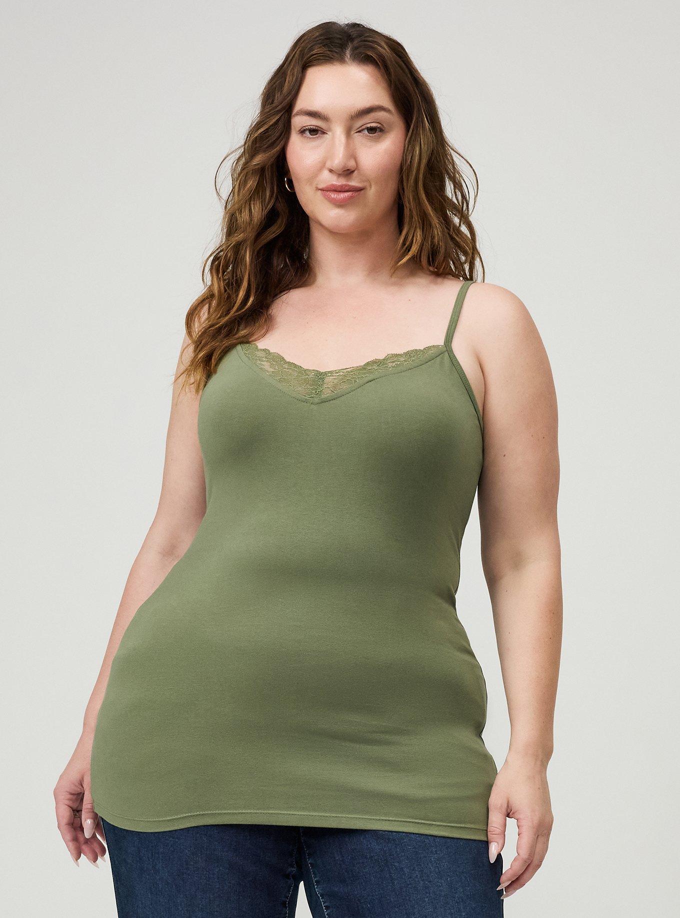 Foxy Lace Trim V-Neck Cami, OLIVINE, hi-res