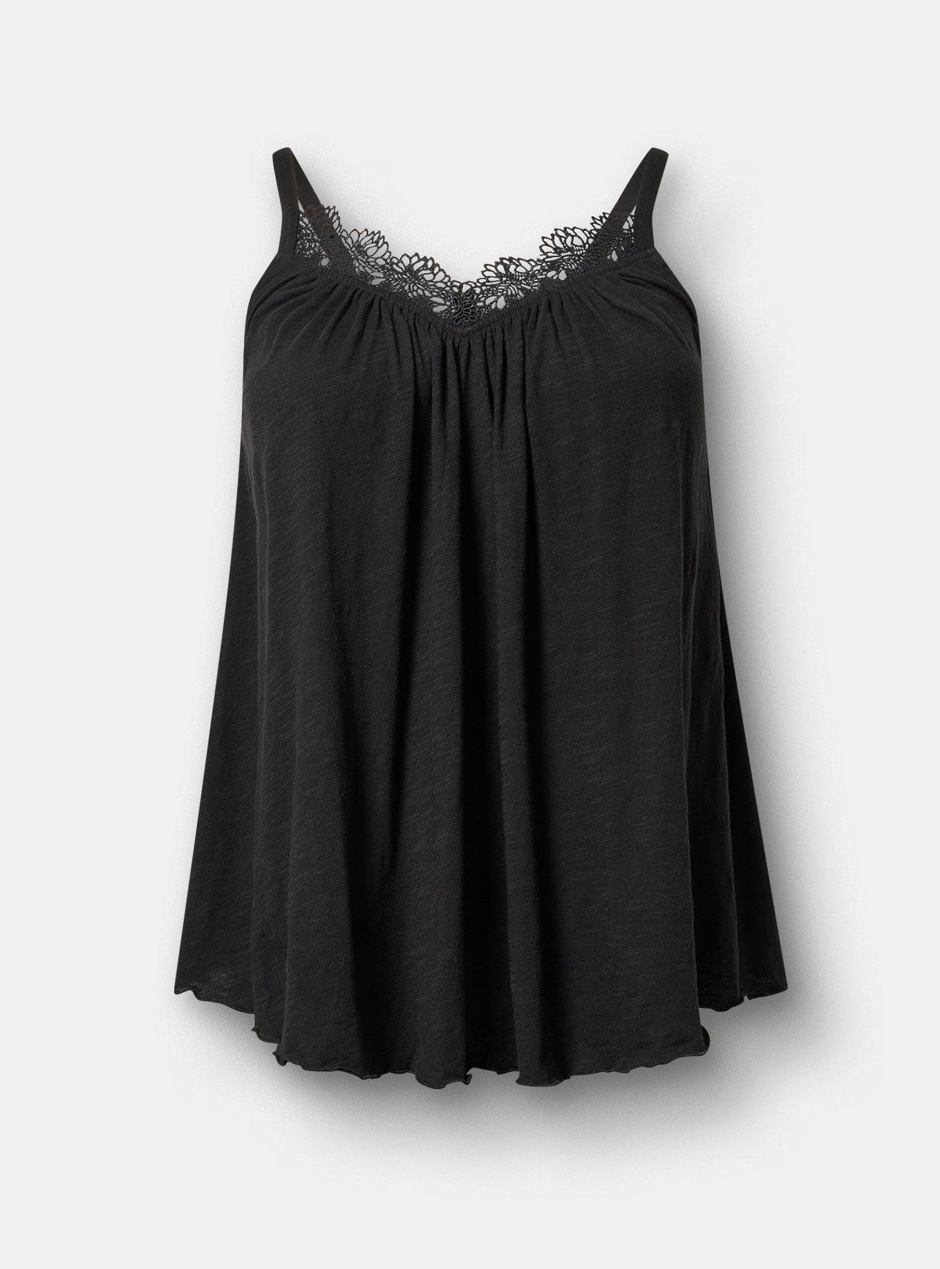 Heritage Slub Lace Trim Swing Cami, DEEP BLACK, flat