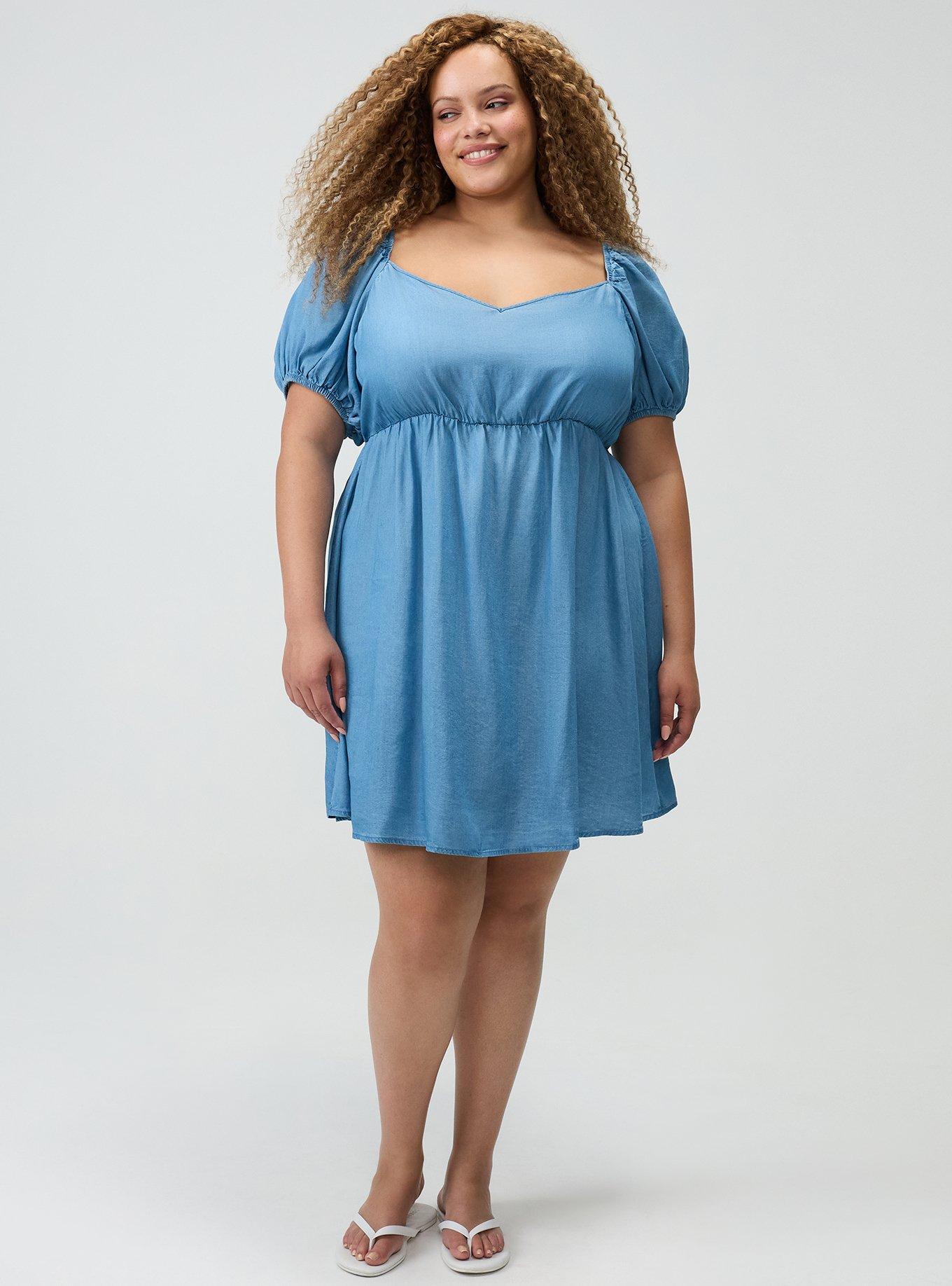 Plus Size Chambray Puff Sleeve Mini Dress, CHAMBRAY, alternate