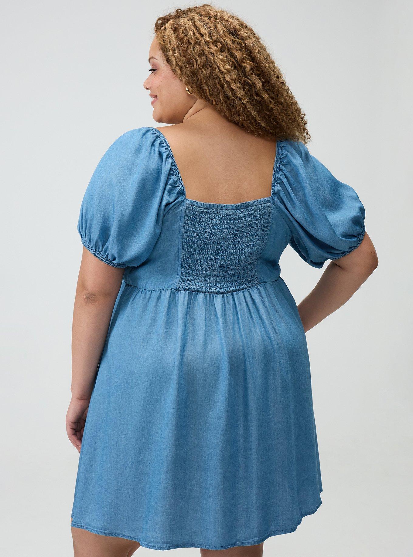 Plus Size Chambray Puff Sleeve Mini Dress, CHAMBRAY, alternate