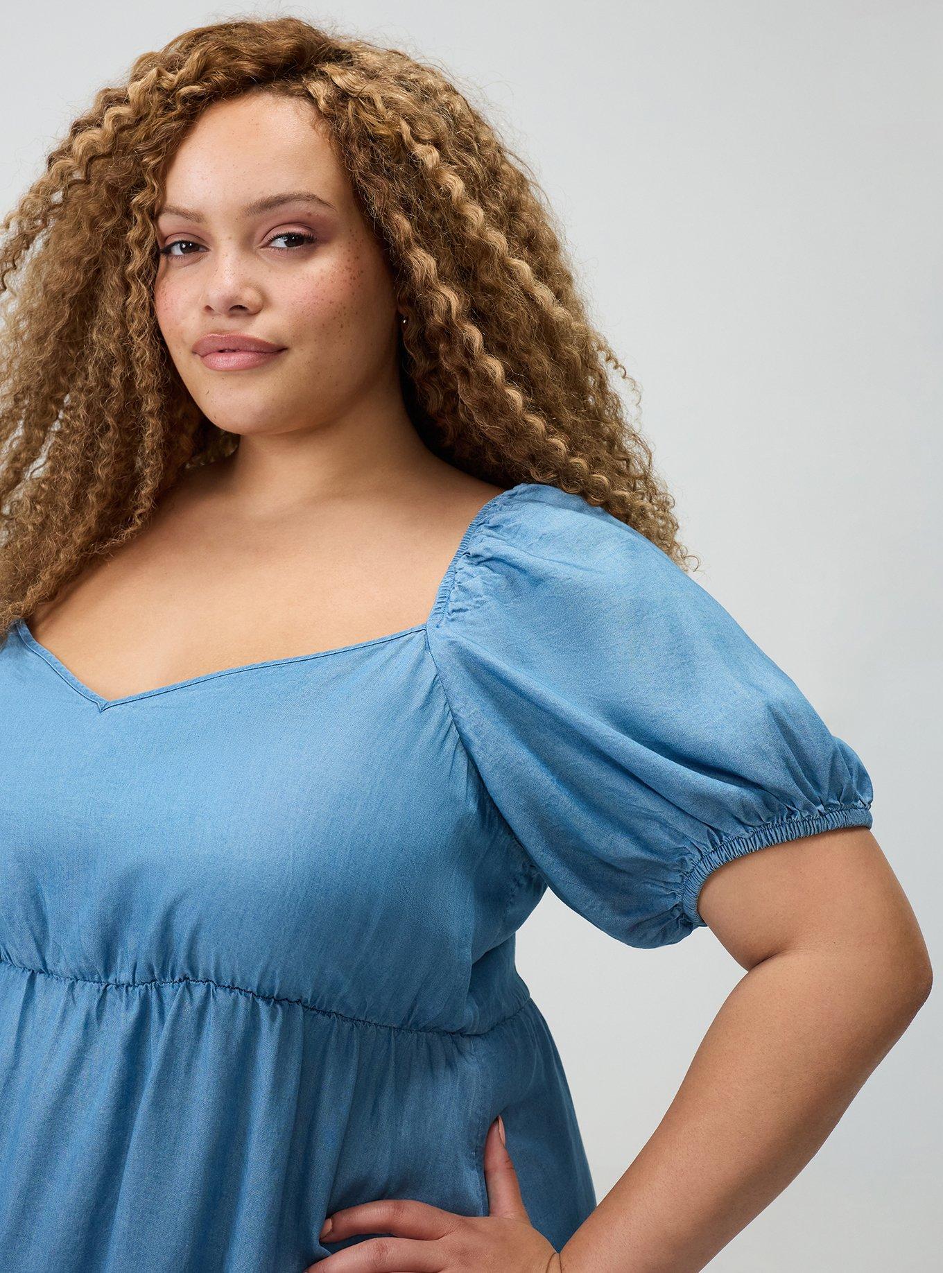 Plus Size Chambray Puff Sleeve Mini Dress, CHAMBRAY, alternate