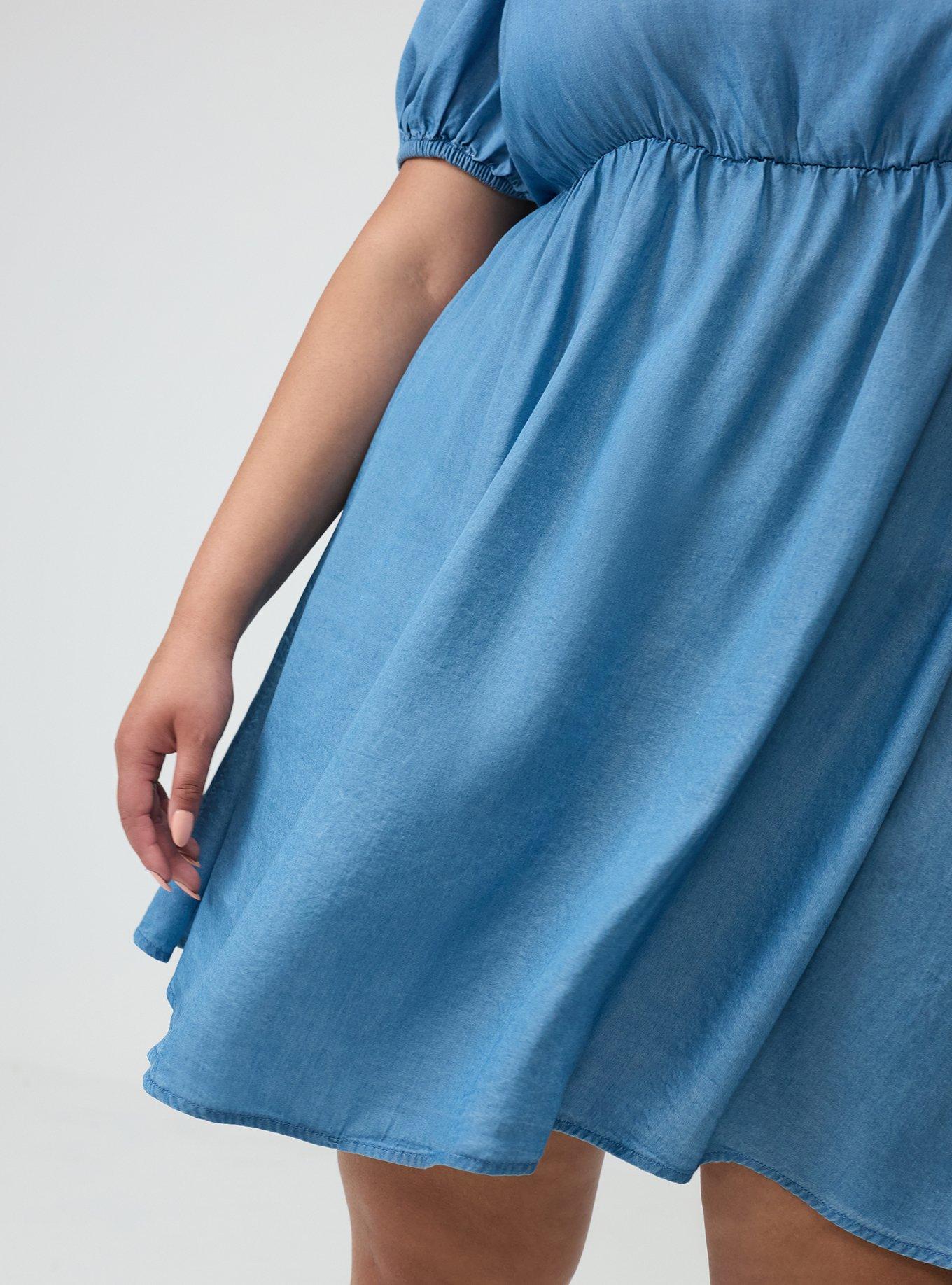 Plus Size Chambray Puff Sleeve Mini Dress, CHAMBRAY, alternate