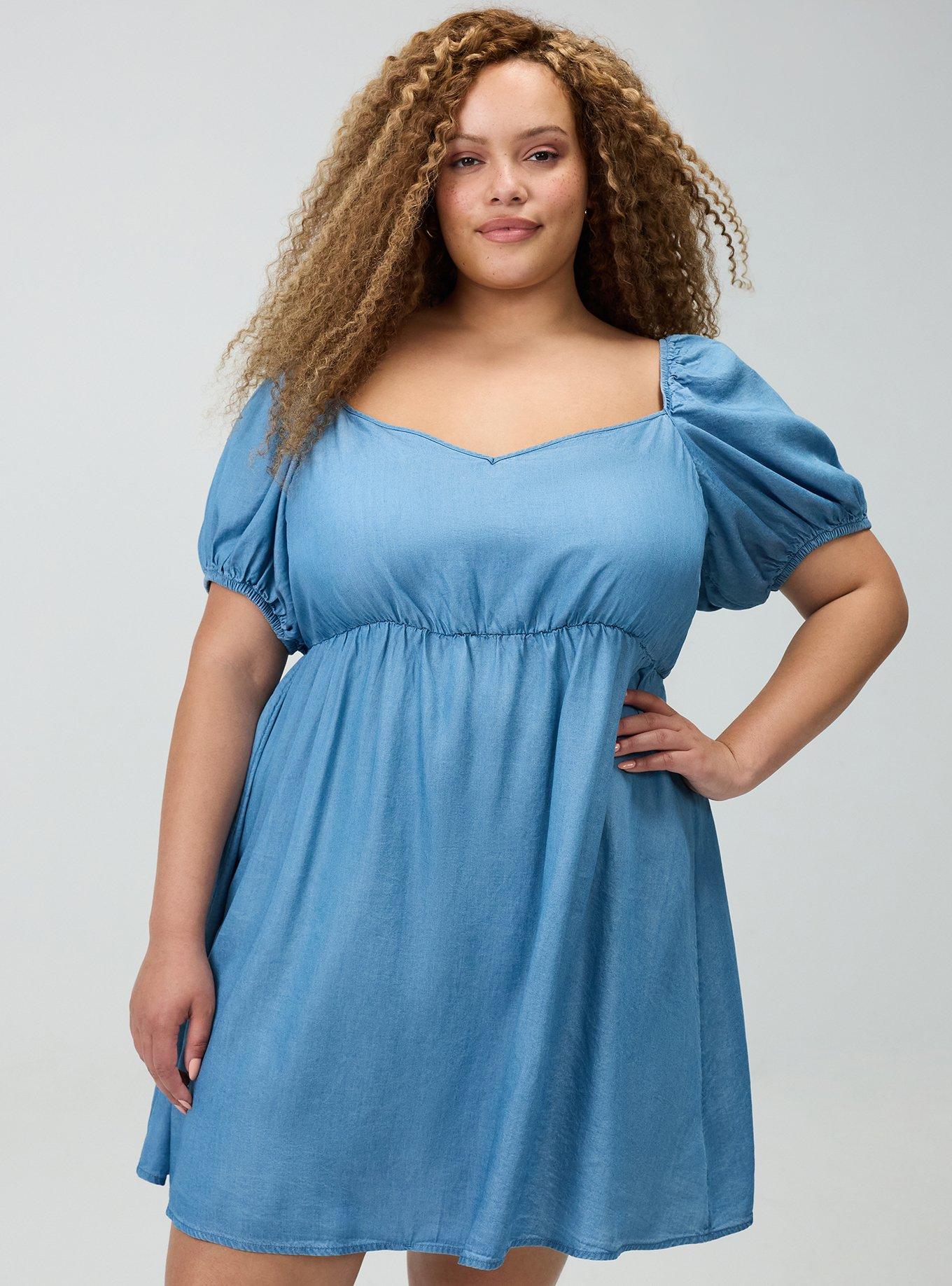 Plus Size Chambray Puff Sleeve Mini Dress, CHAMBRAY, hi-res