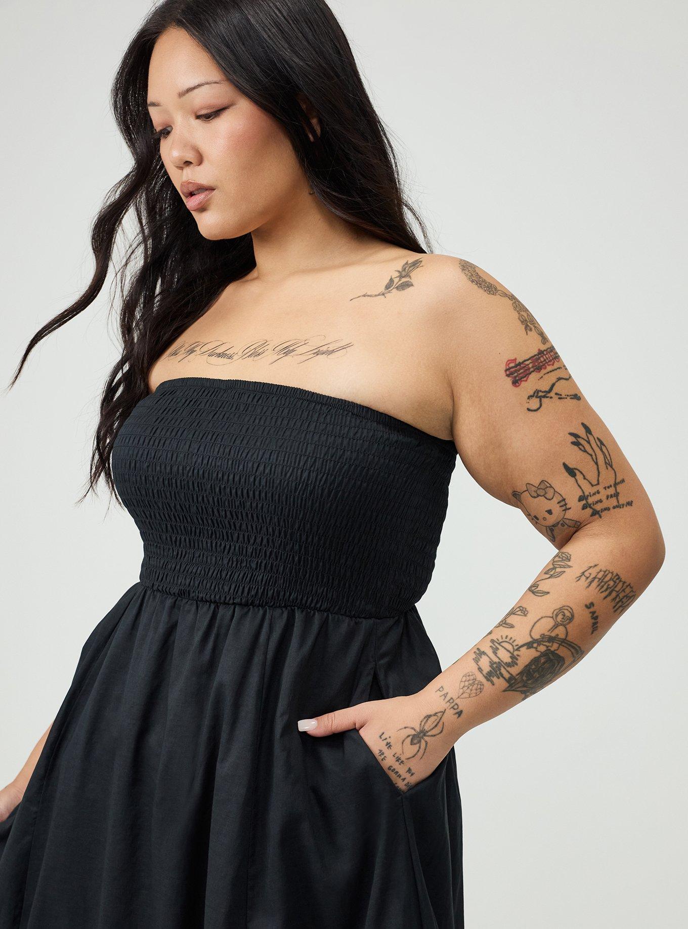 Plus Size Smocked Tube Tea Length Dress, DEEP BLACK, alternate