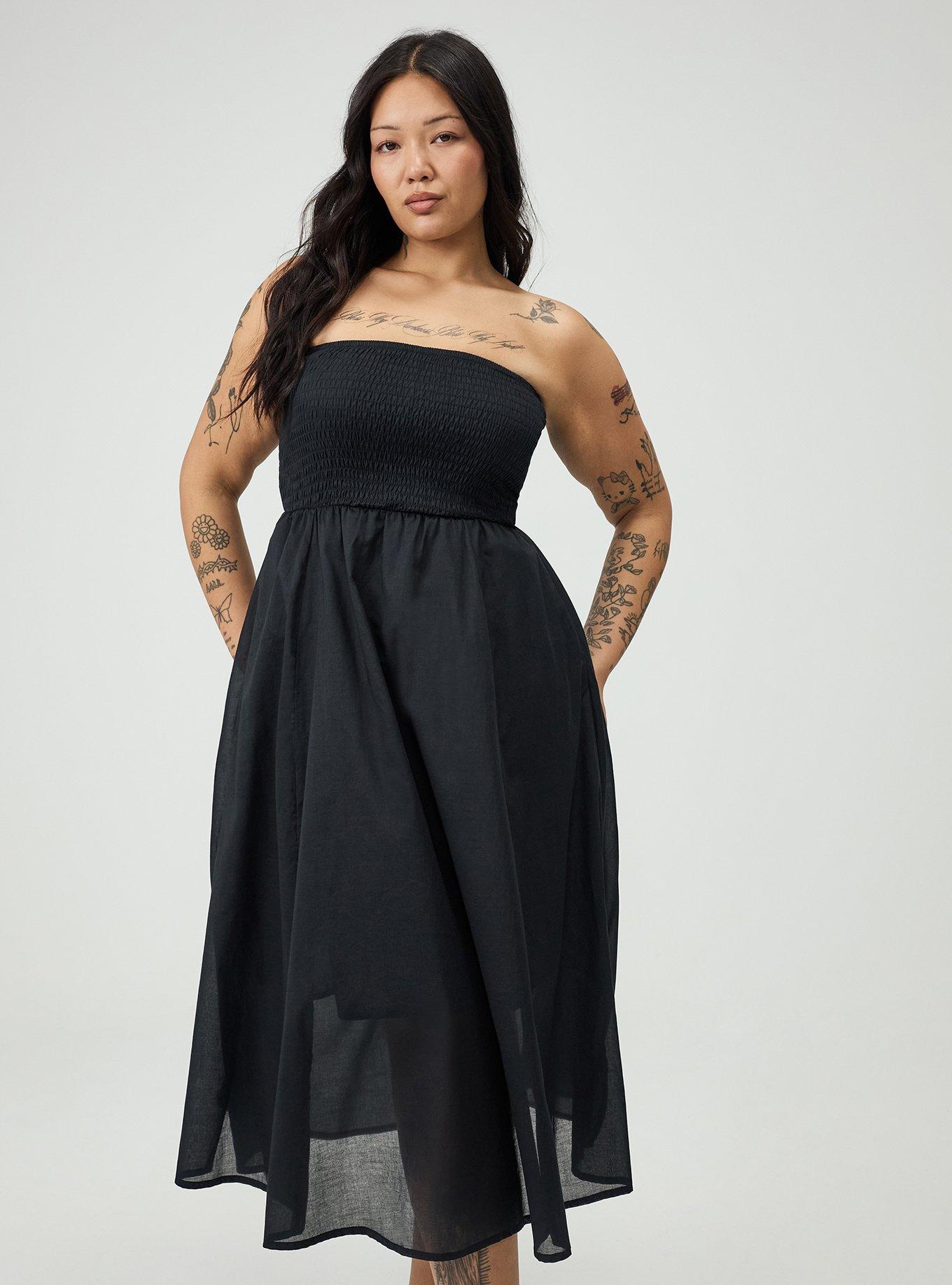 Plus Size Smocked Tube Tea Length Dress, DEEP BLACK, hi-res