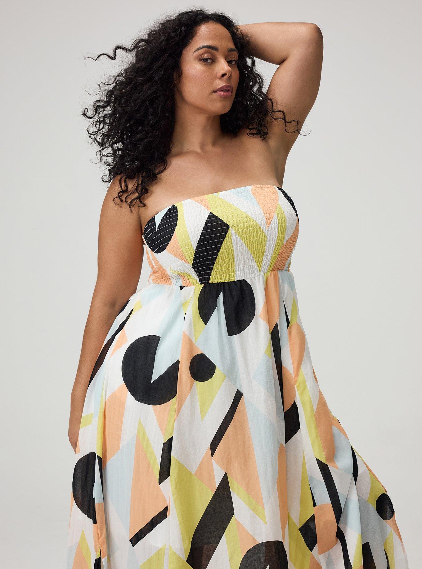 Plus Size Smocked Tube Tea Length Dress, SURF GEO MULTI, alternate