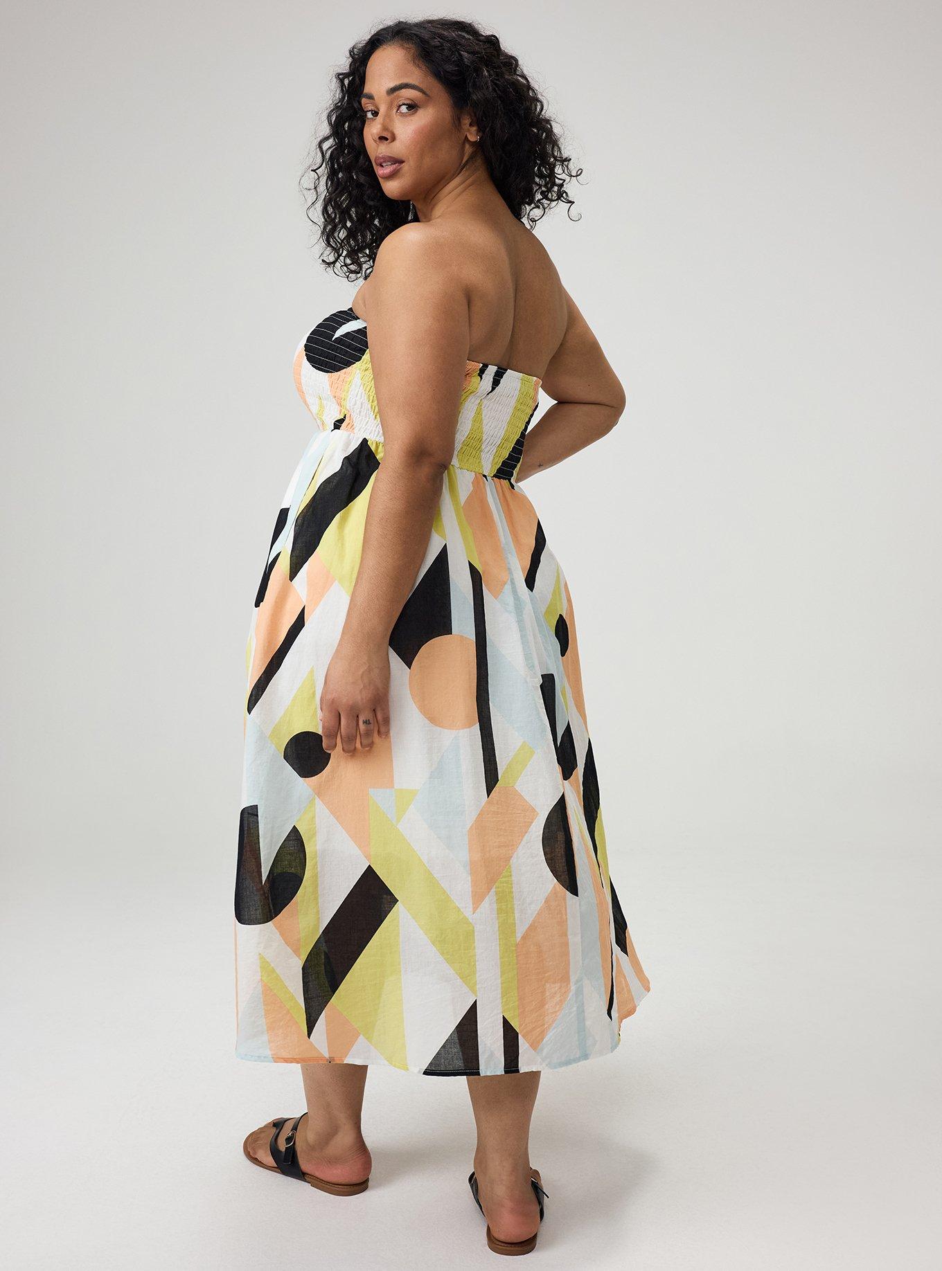 Plus Size Smocked Tube Tea Length Dress, SURF GEO MULTI, alternate